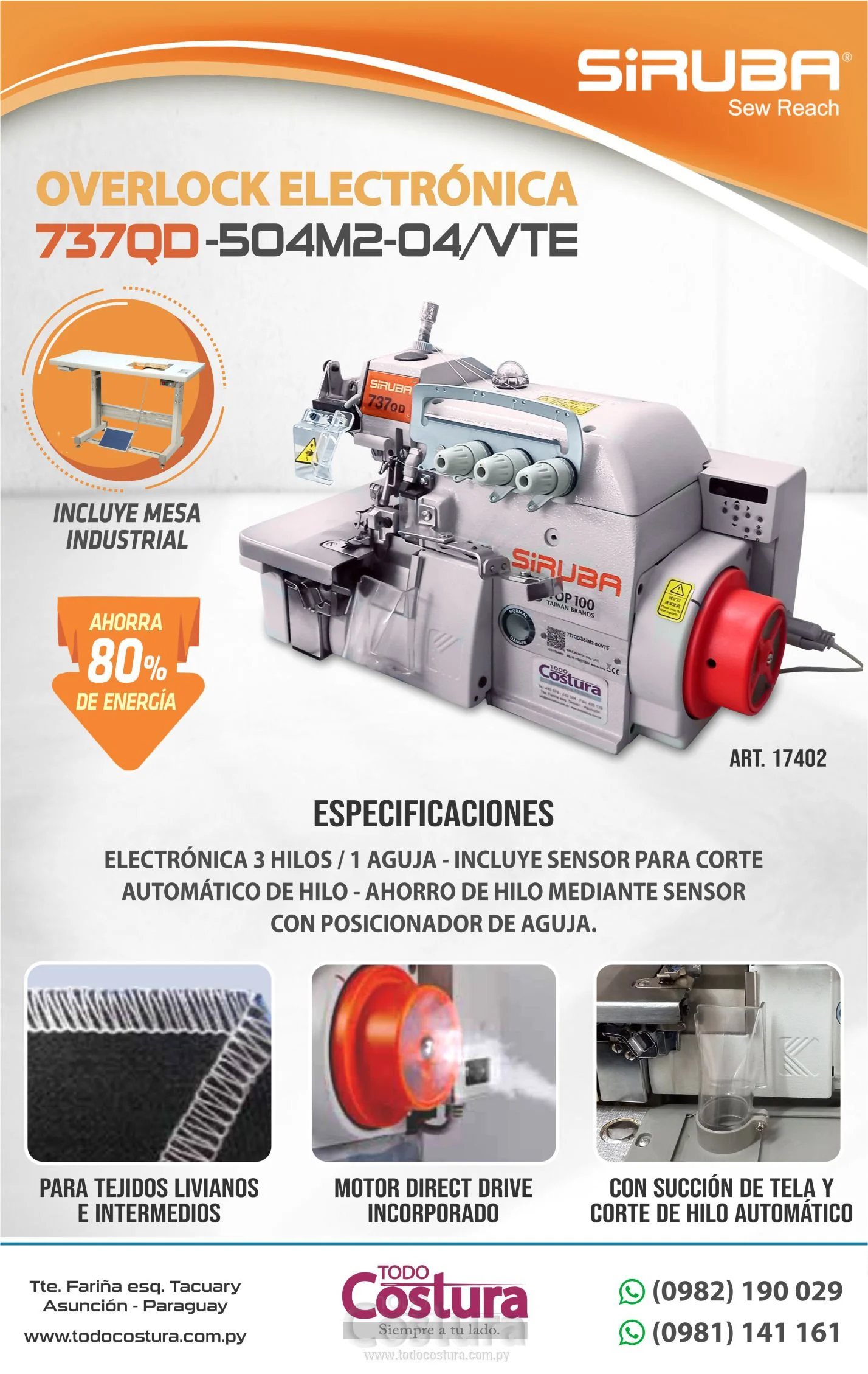 OVERLOCK (ELECTRONICA - NORMAL) SIRUBA 737QD-504M2-04/VTE (MOTOR INCORPORADO)
