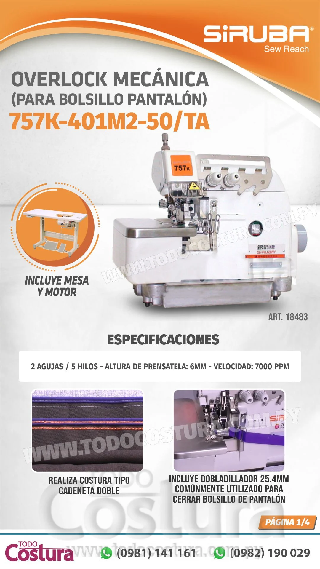 OVERLOCK (MECANICA - P/  BOLSILLO PANTALON) SIRUBA 757K-401M2-50/TA
