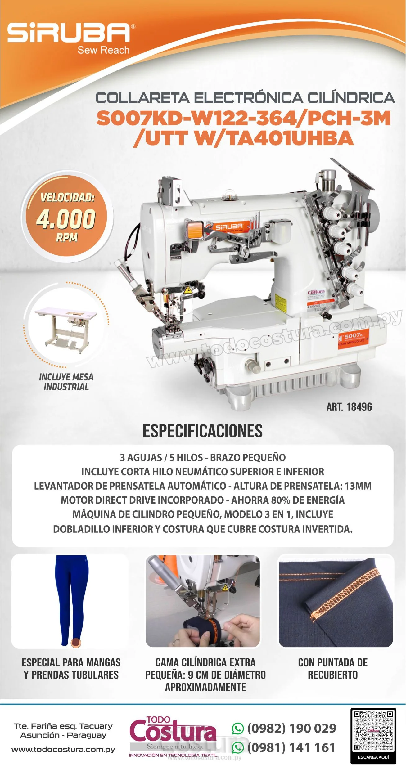 COLLARETA (ELECTRONICA - CILINDRICA PEQUEÑA) SIRUBA S007KD-W122-364/PCH-3M/UTX (MOTOR INCORPORADO)