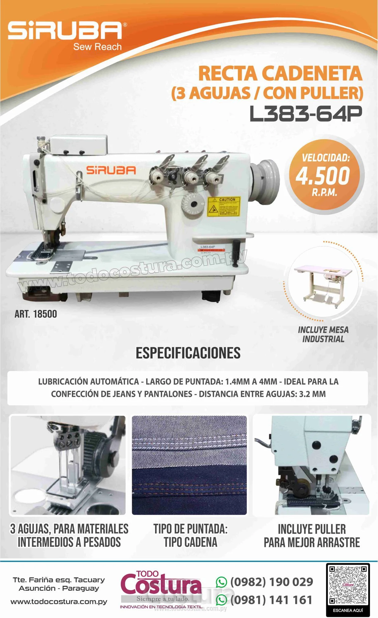 RECTA CADENETA (3 AGUJAS - CON PULLER) SIRUBA L383-64P