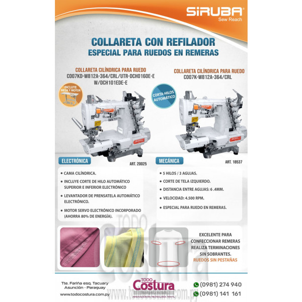 COLLARETA (CILIN -  ELECT. - P/ RUEDO) SIRUBA C007KD-W812A-364/CRL/UTR (MOTOR INCORPORADO)