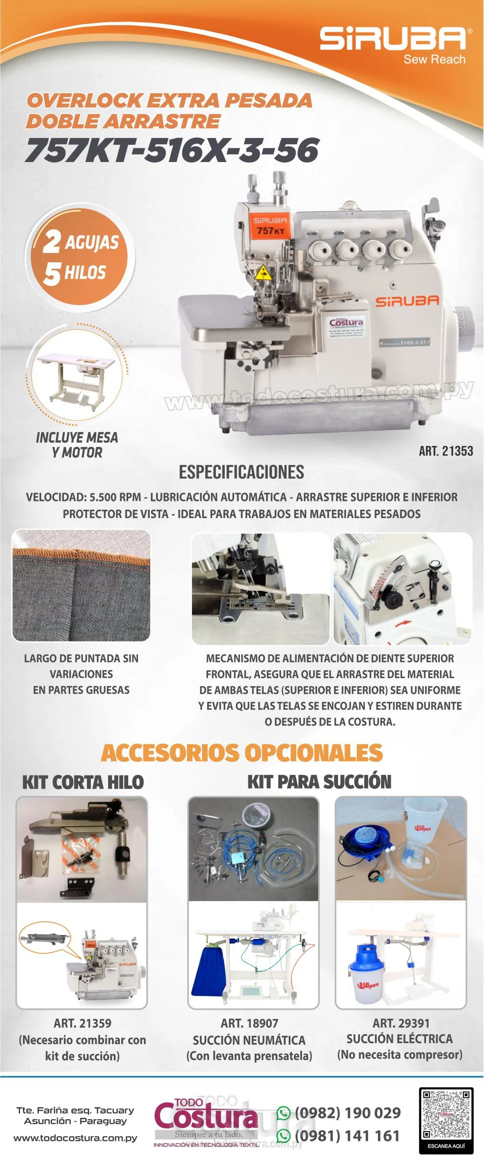 OVERLOCK MECANICA (EXTRA PESADA - DOBLE ARRASTRE) SIRUBA 757KT-516X-3-56