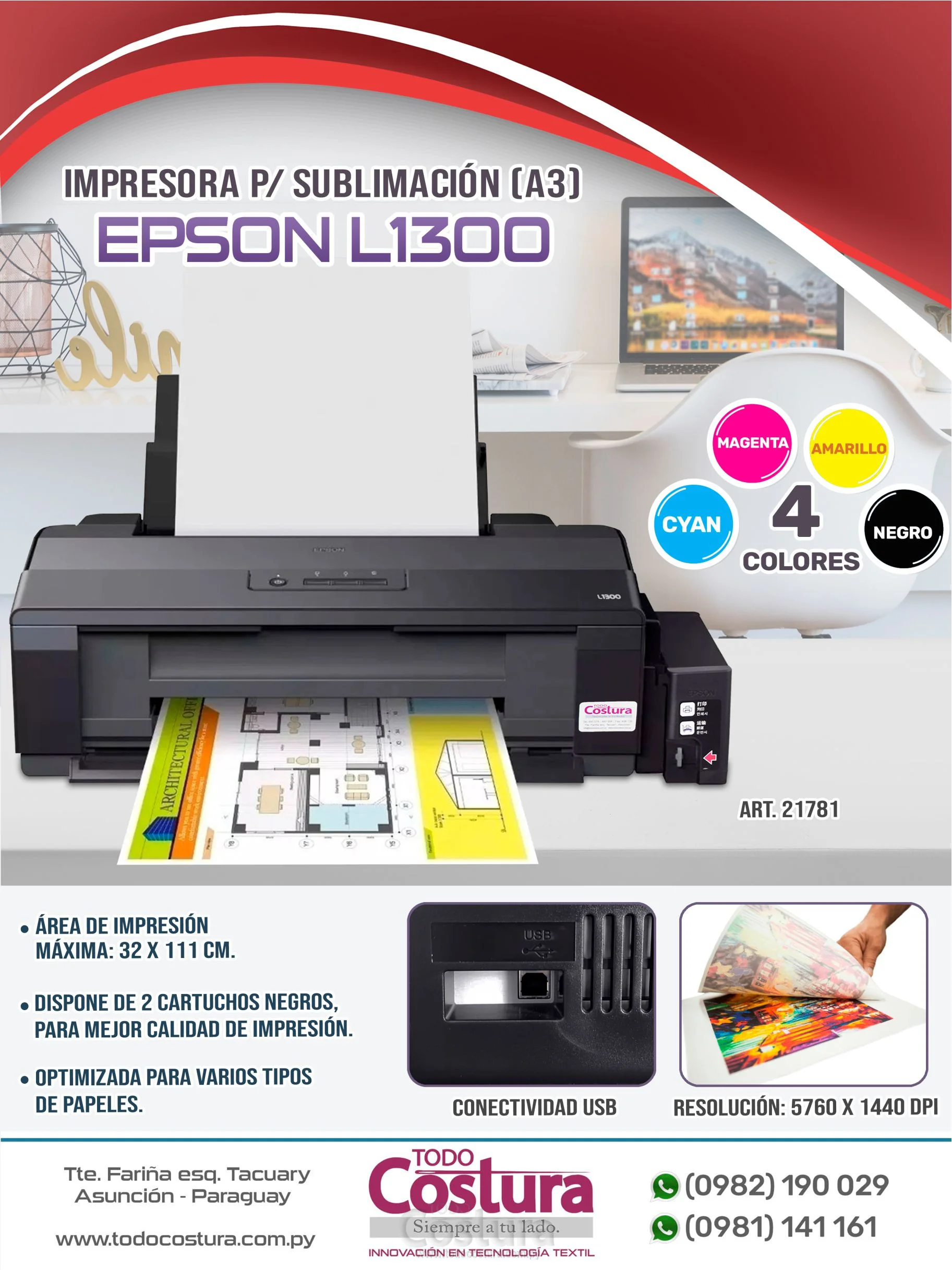 IMPRESORA SUBLIMACION (A3) EPSON L1300 - 4 COLORES
