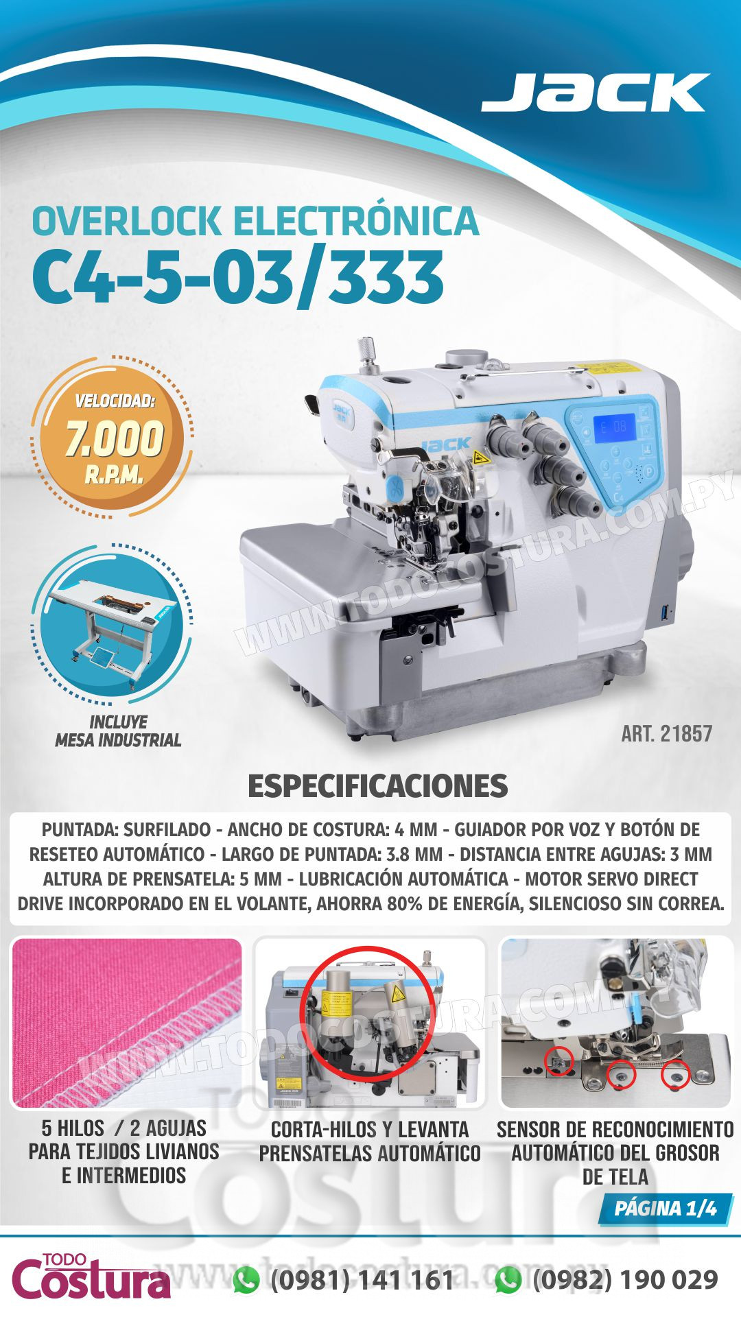 OVERLOCK (ELECTRONICA - 5 HILOS - LIVIANA JACK C4-5-03/333 (MOTOR INCORPORADO)