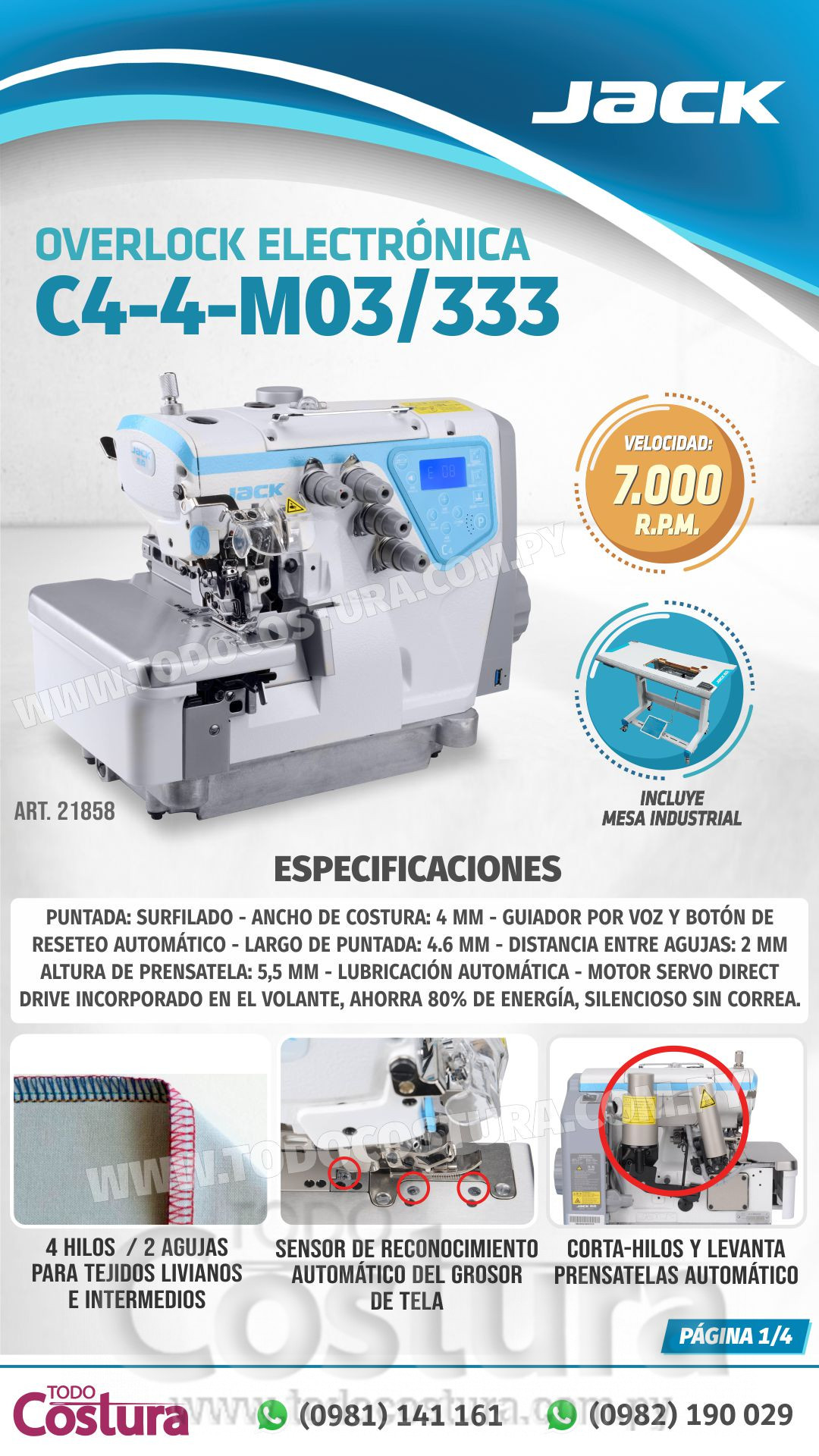 OVERLOCK (ELECTRONICA - 4 HILOS - LIVIANA JACK C4-4-M03/333 (MOTOR INCORPORADO)