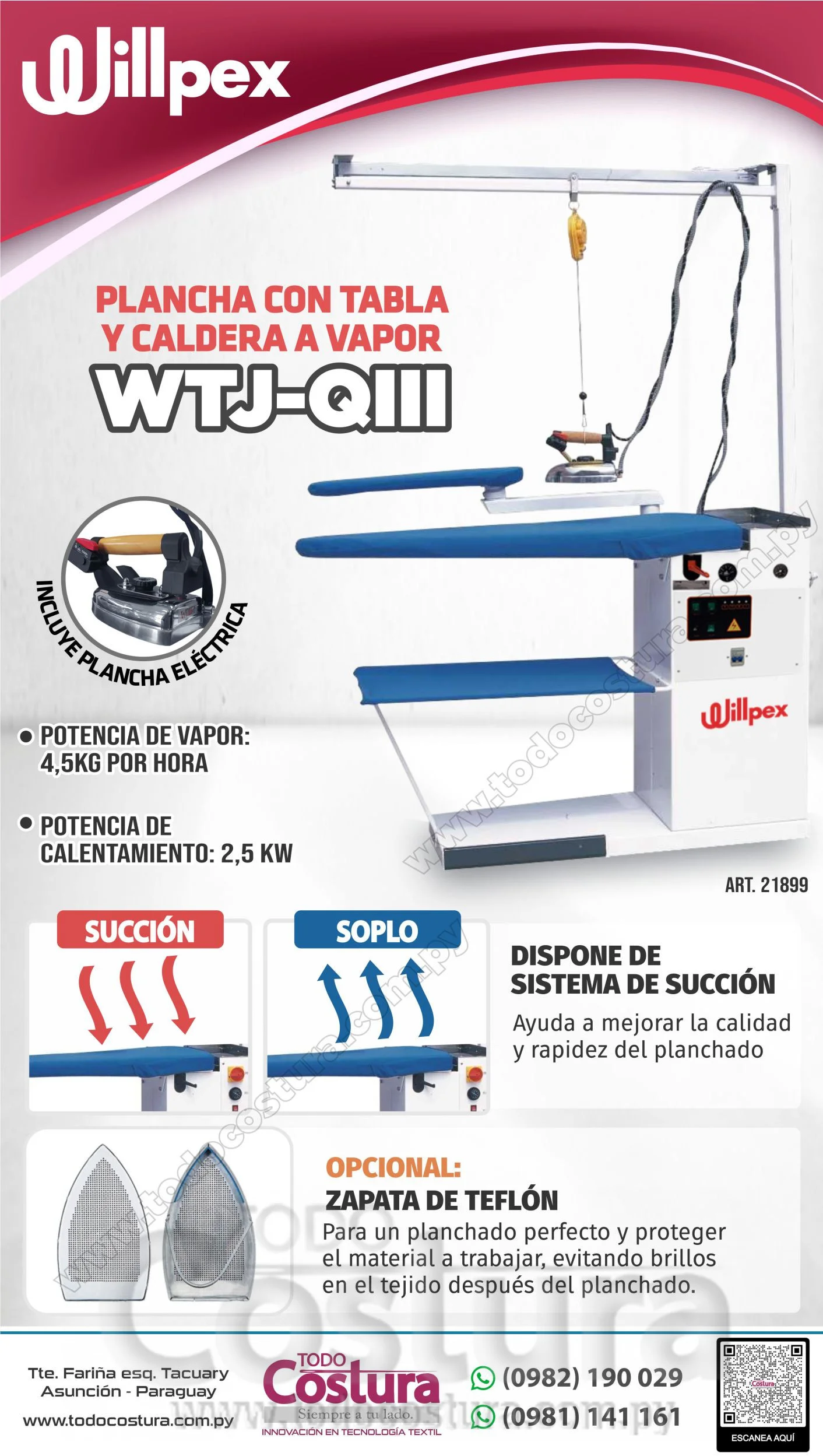 PLANCHA CON TABLA Y CALDERA A VAPOR WILLPEX WTJ-QIII