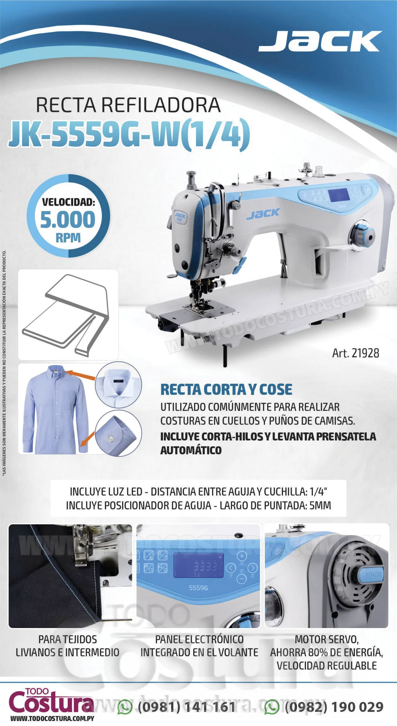 RECTA REFILADORA (CORTA Y COSE) JACK JK-5559G-W(1/4) (MOTOR INCORPORADO)