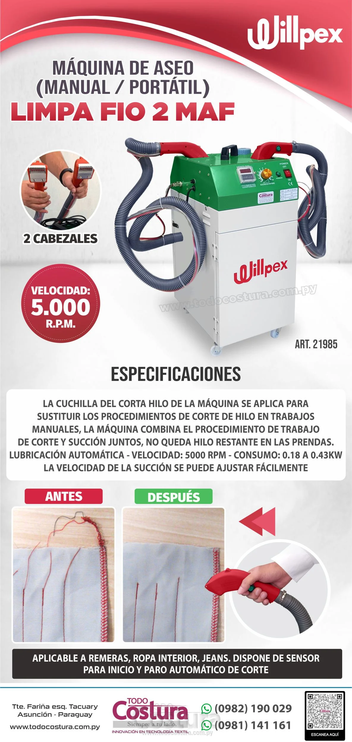 MAQUINA DE ASEO (MANUAL - PORTATIL - 2 CABEZALES) WILLPEX LIMPA FIO 2 MAF