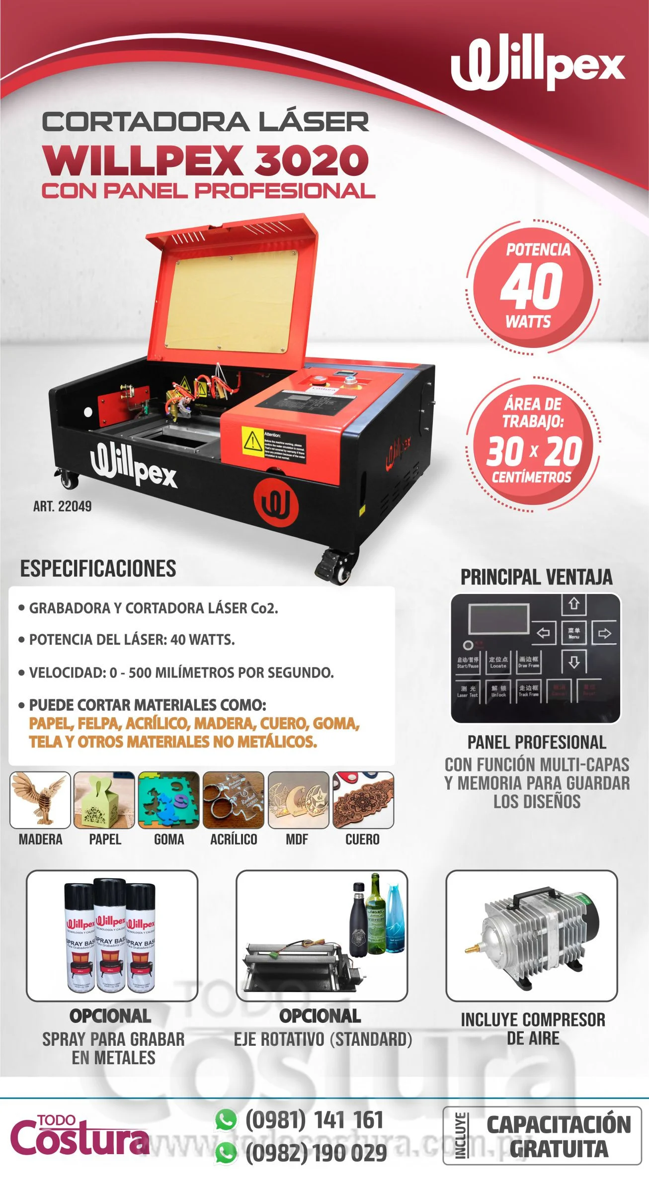 GRABADORA LASER (30X20CM - 40W) WILLPEX 3020