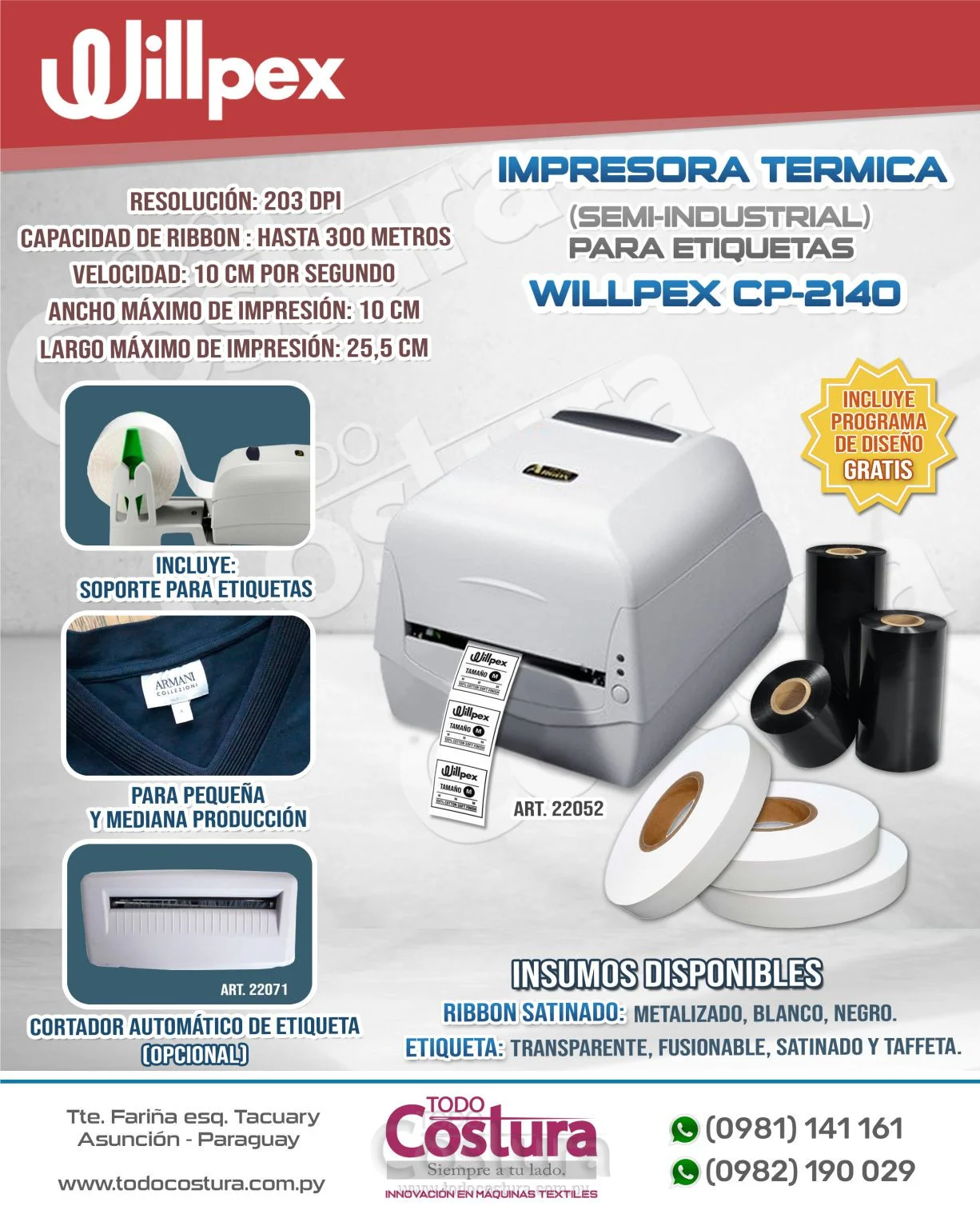IMPRESORA TERMICA (SEMI-INDUSTRIAL) PARA ETIQUETAS WILLPEX CP-2140