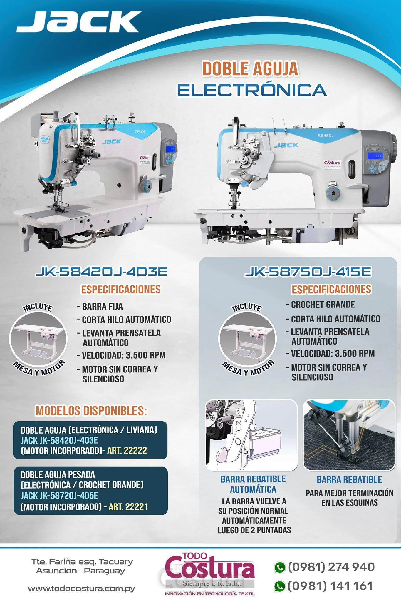 DOBLE AGUJA ELECTRONICA (PESADA - CROCHET GRANDE) JACK JK-58720J-405E (MOTOR INCORPORADO)