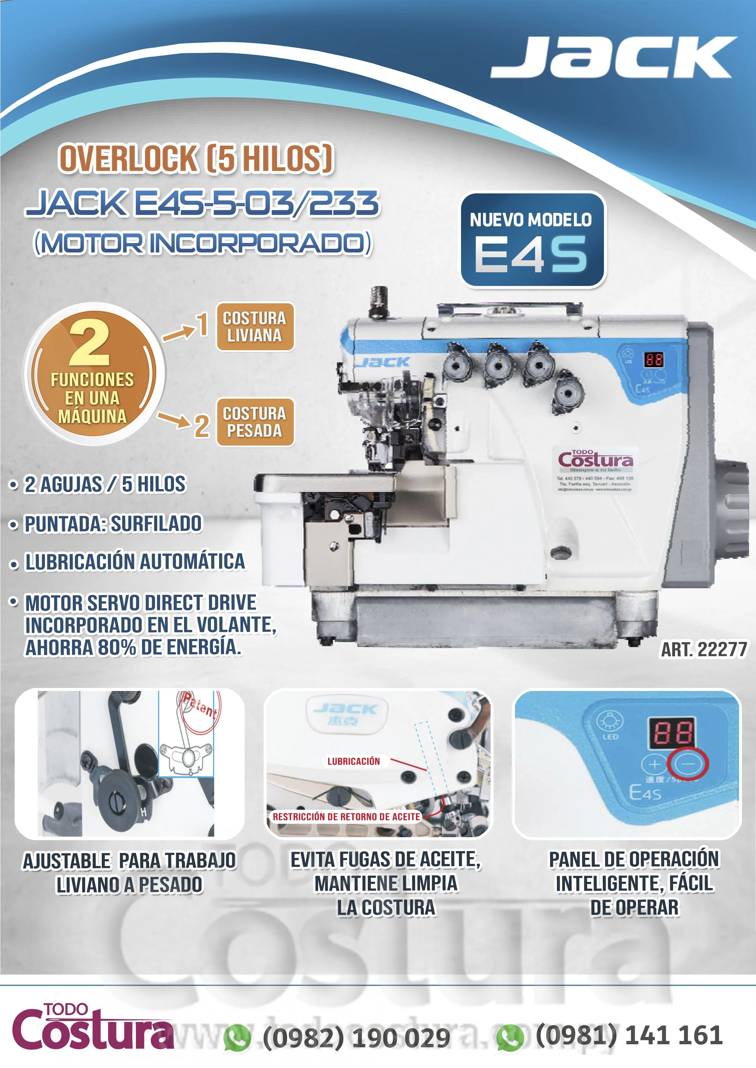 OVERLOCK (5 HILOS - SERIE S) JACK E4S-5-03/333 (MOTOR INCORPORADO)