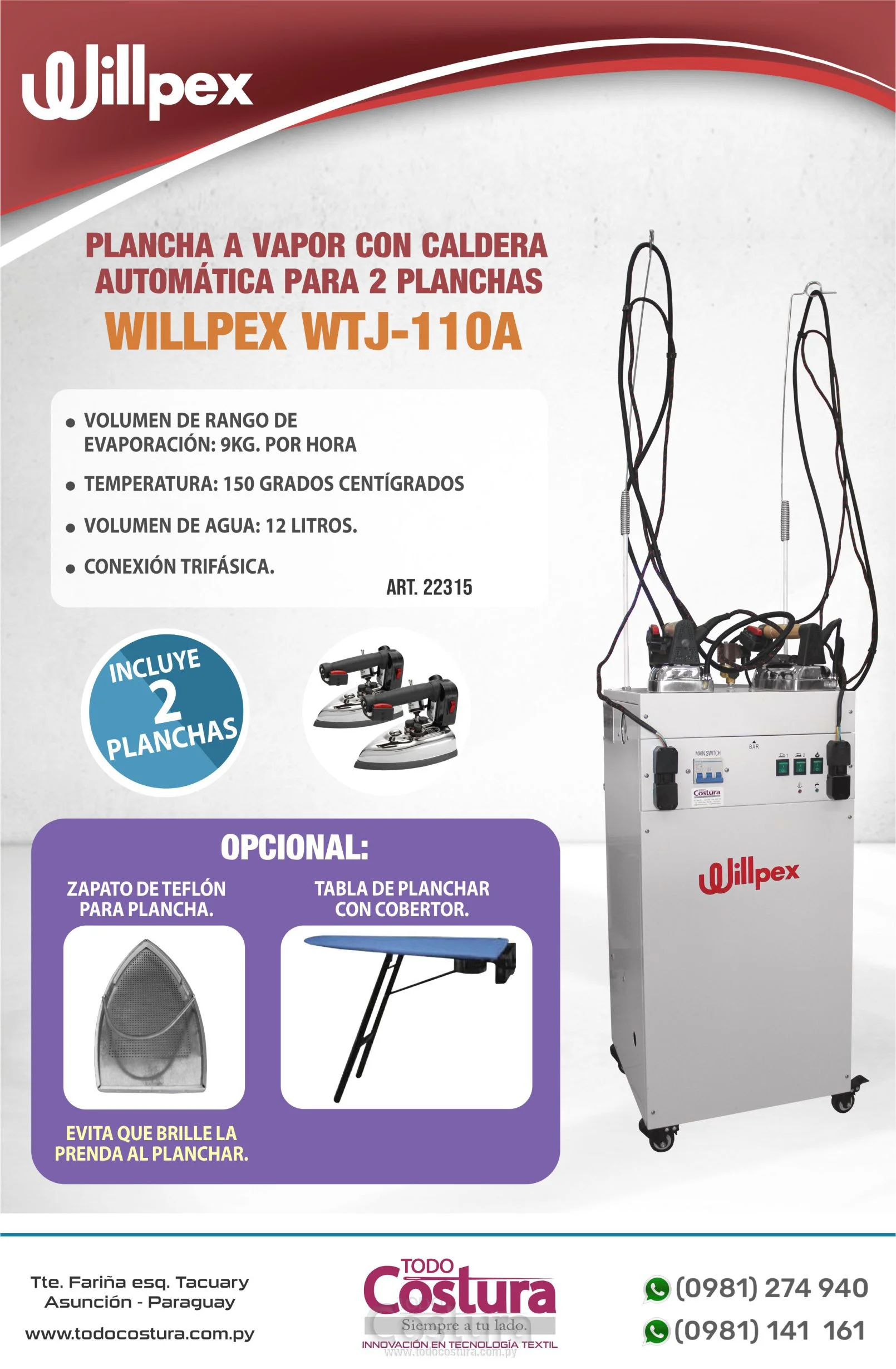 PLANCHA A VAPOR CON CALDERA AUTOMATICA PARA 2 PLANCHAS WILLPEX WTJ-110A