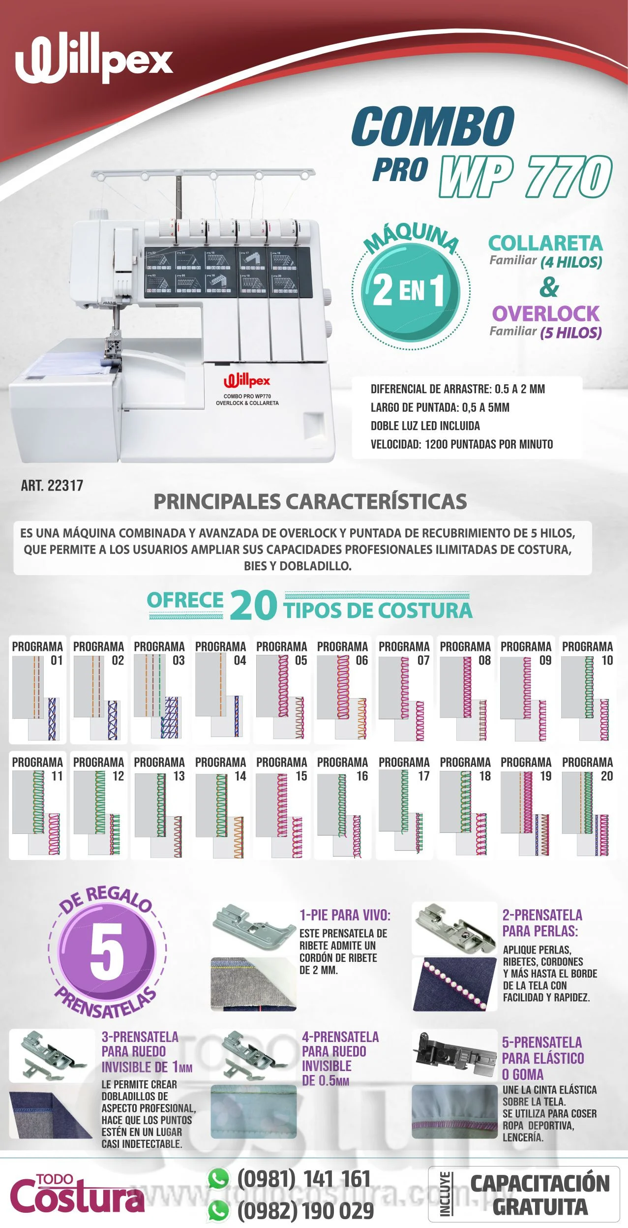 COLLARETA (4 HILOS) Y OVERLOCK (5 HILOS) FAMILIAR WILLPEX COMBO PRO WP770