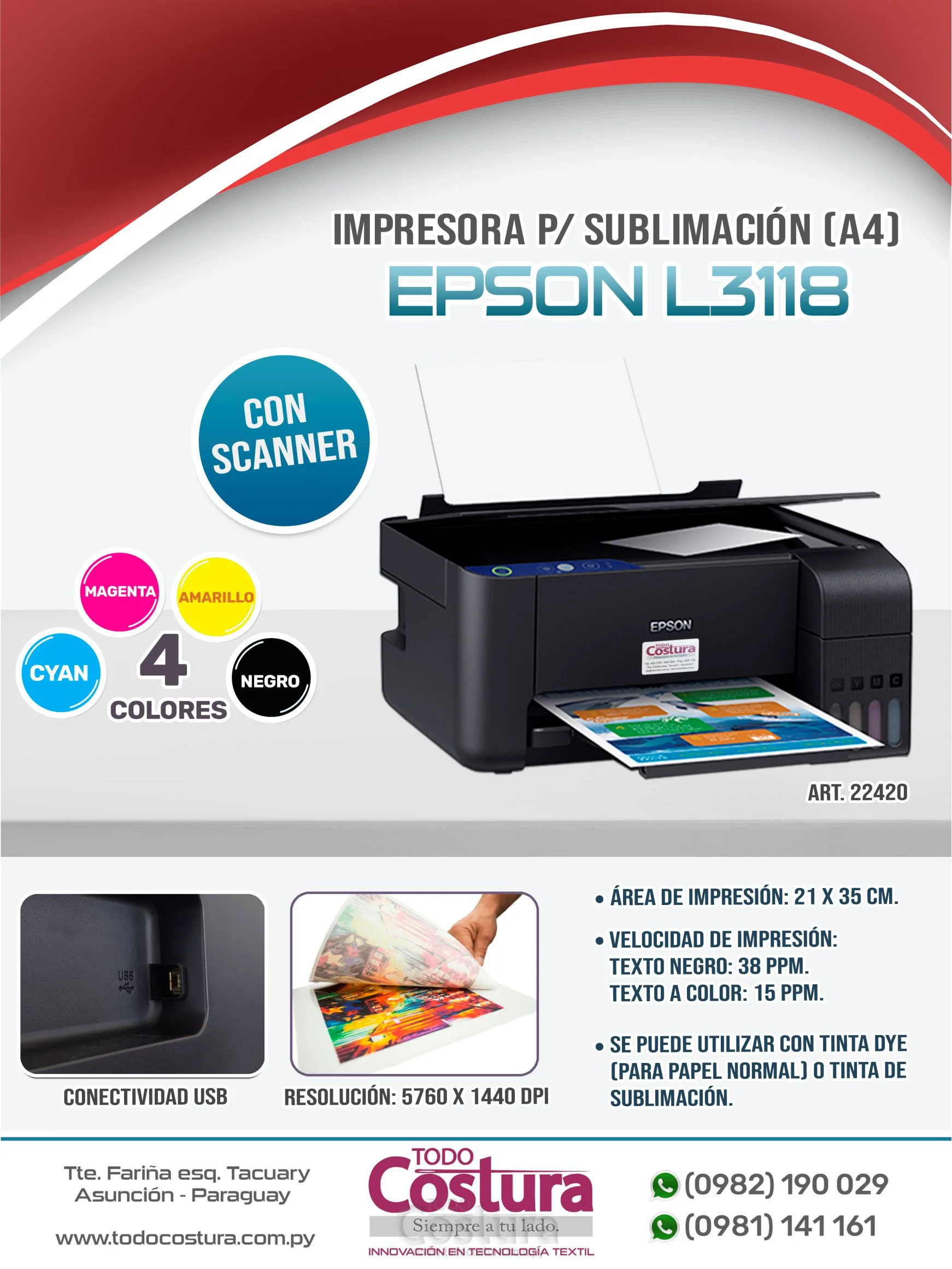 IMPRESORA SUBLIMACION (A4) EPSON L3118 / L3218 - 4 COLORES