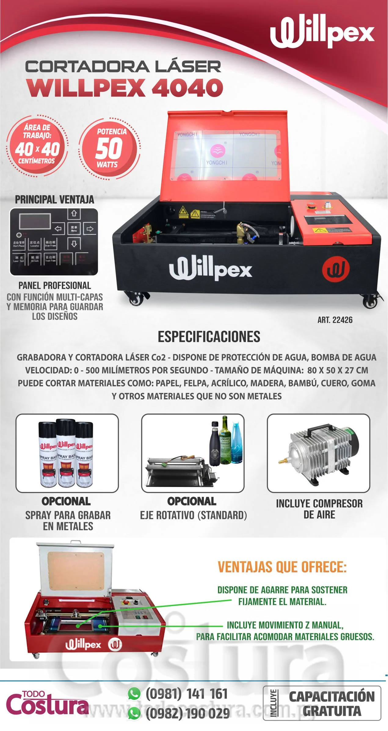GRABADORA LASER (40X40CM - 50W) WILLPEX 4040
