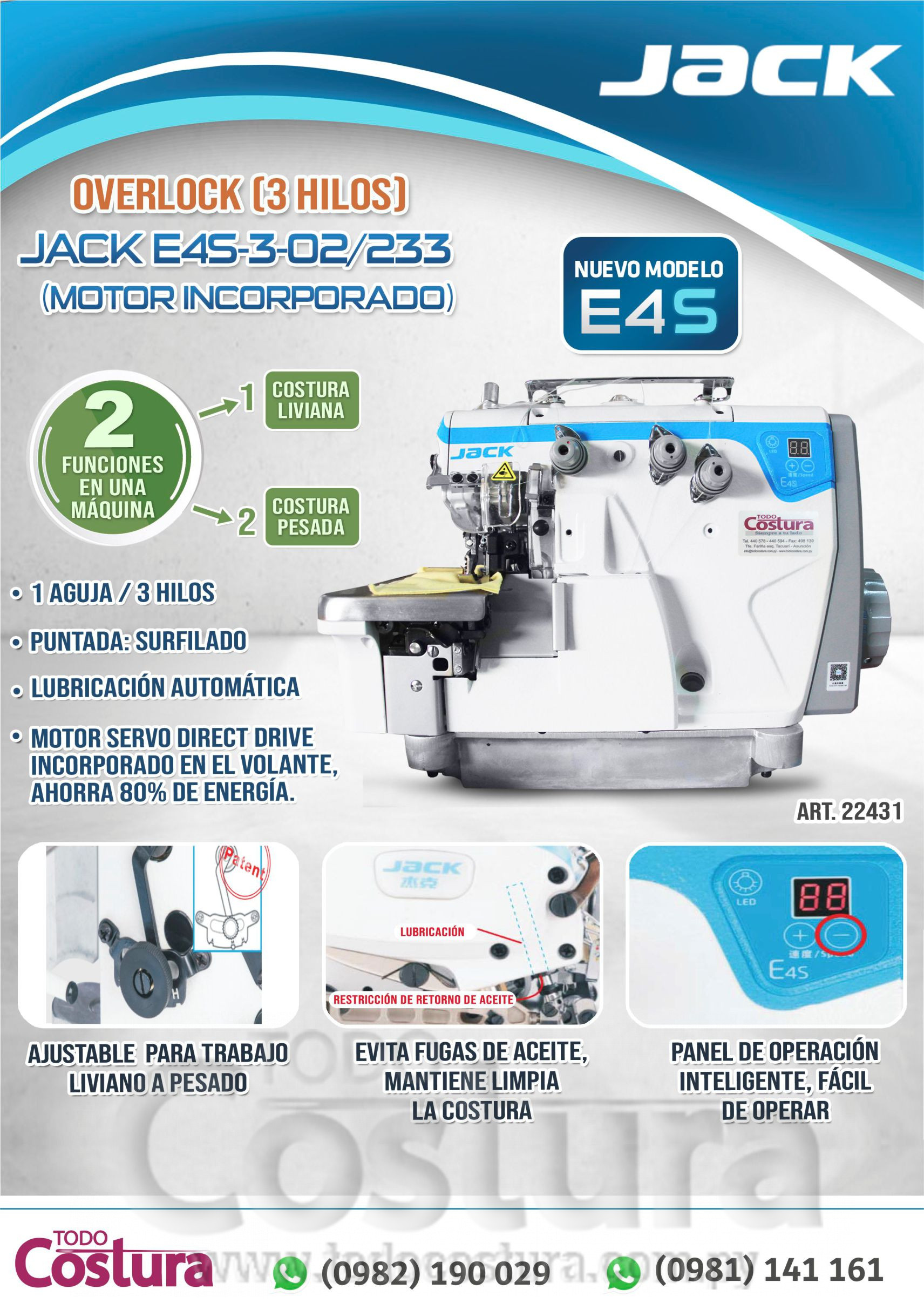 OVERLOCK (3 HILOS - SERIE S) JACK E4S-3-02/233 (MOTOR INCORPORADO)