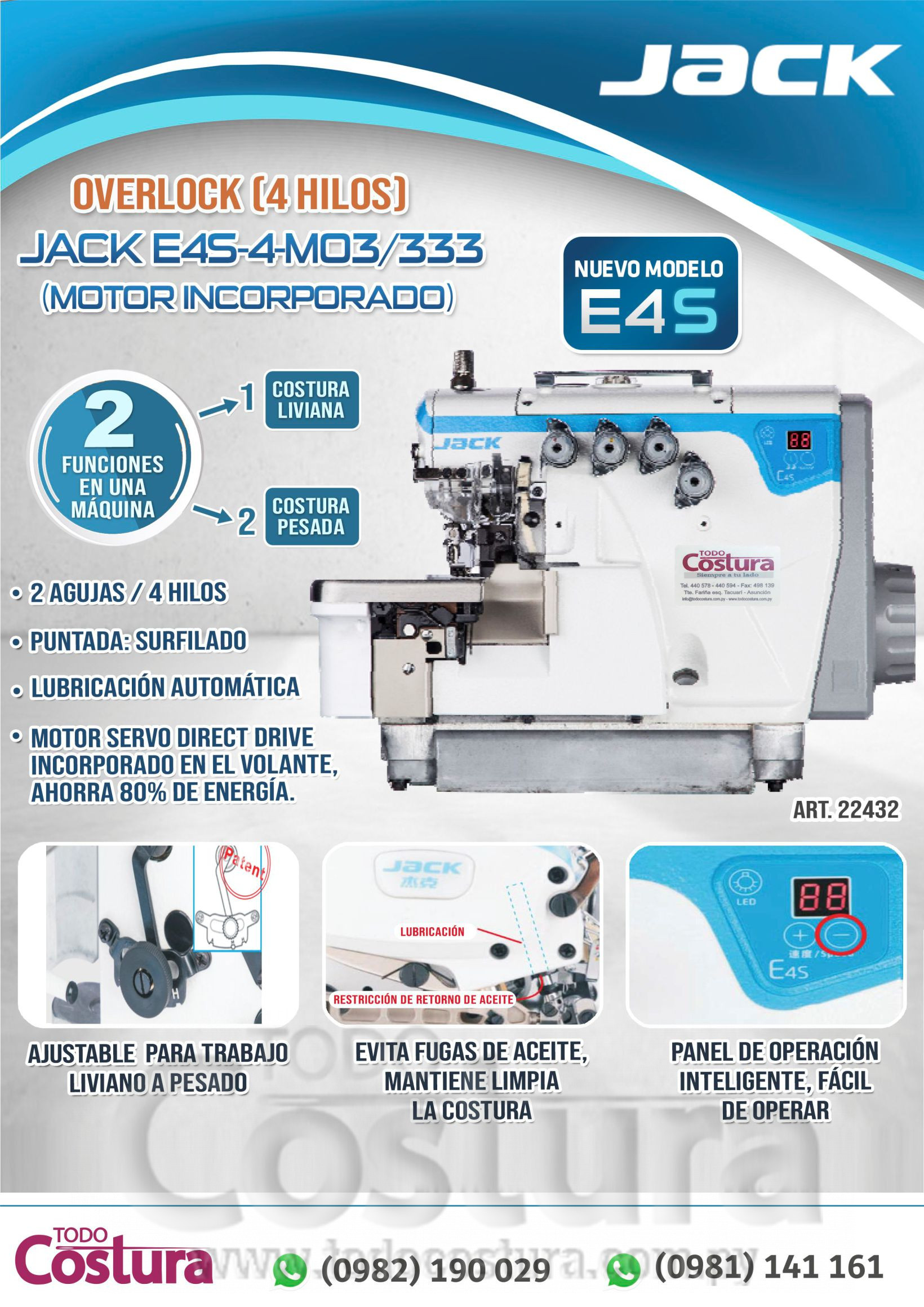 OVERLOCK (4 HILOS - SERIE S) JACK E4S-4-M03/333 (MOTOR INCORPORADO)