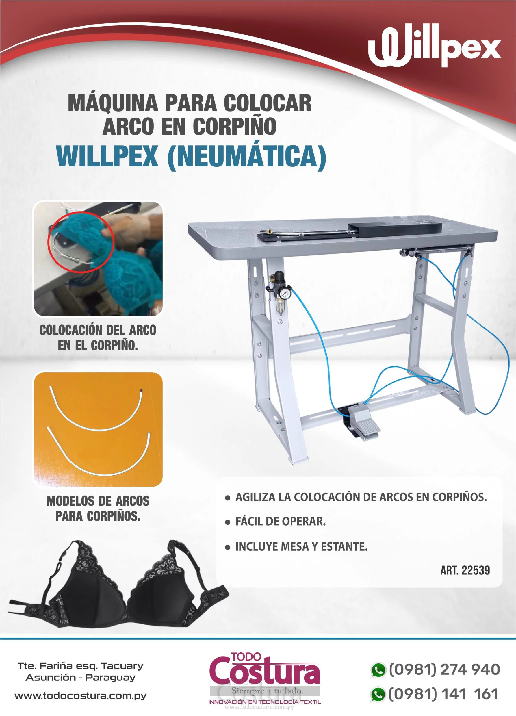 MAQUINA PARA COLOCAR ARCO EN CORPIÑO WILLPEX (NEUMATICA) (INCLUYE MESA Y ESTANTE)