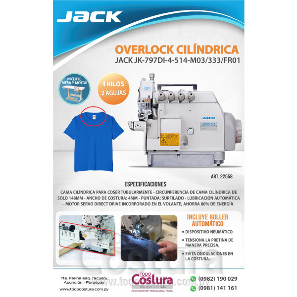 OVERLOCK (4 HILOS - CILINDRICA) JACK JK-797DI-4-514-M03/333/FR01 (MOTOR INCORPORADO)