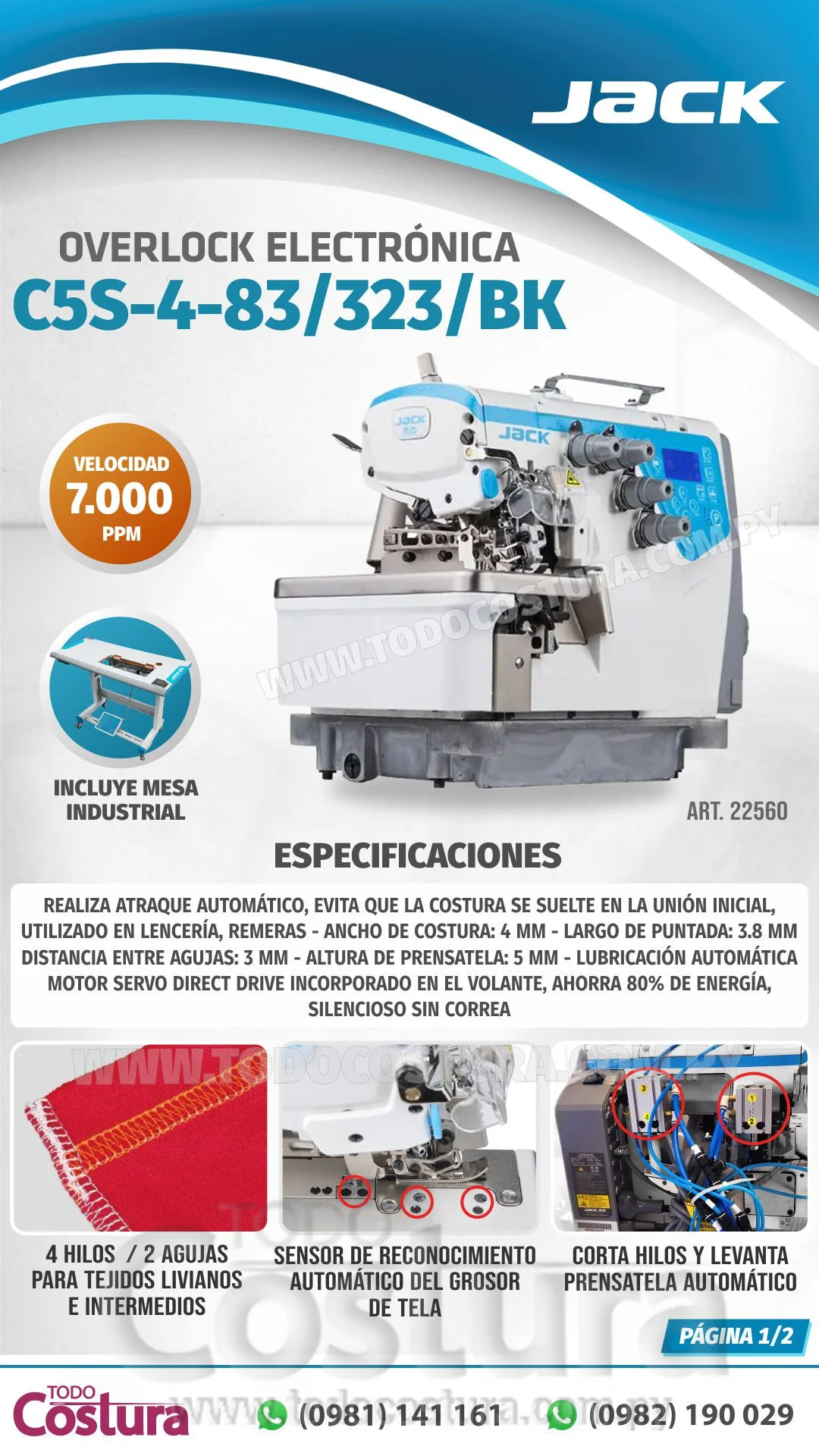 OVERLOCK CON ATRAQUE (ELECTRONICA - 4 HILOS) JACK C5S-4-83/323/BK (MOTOR INCORPORADO)
