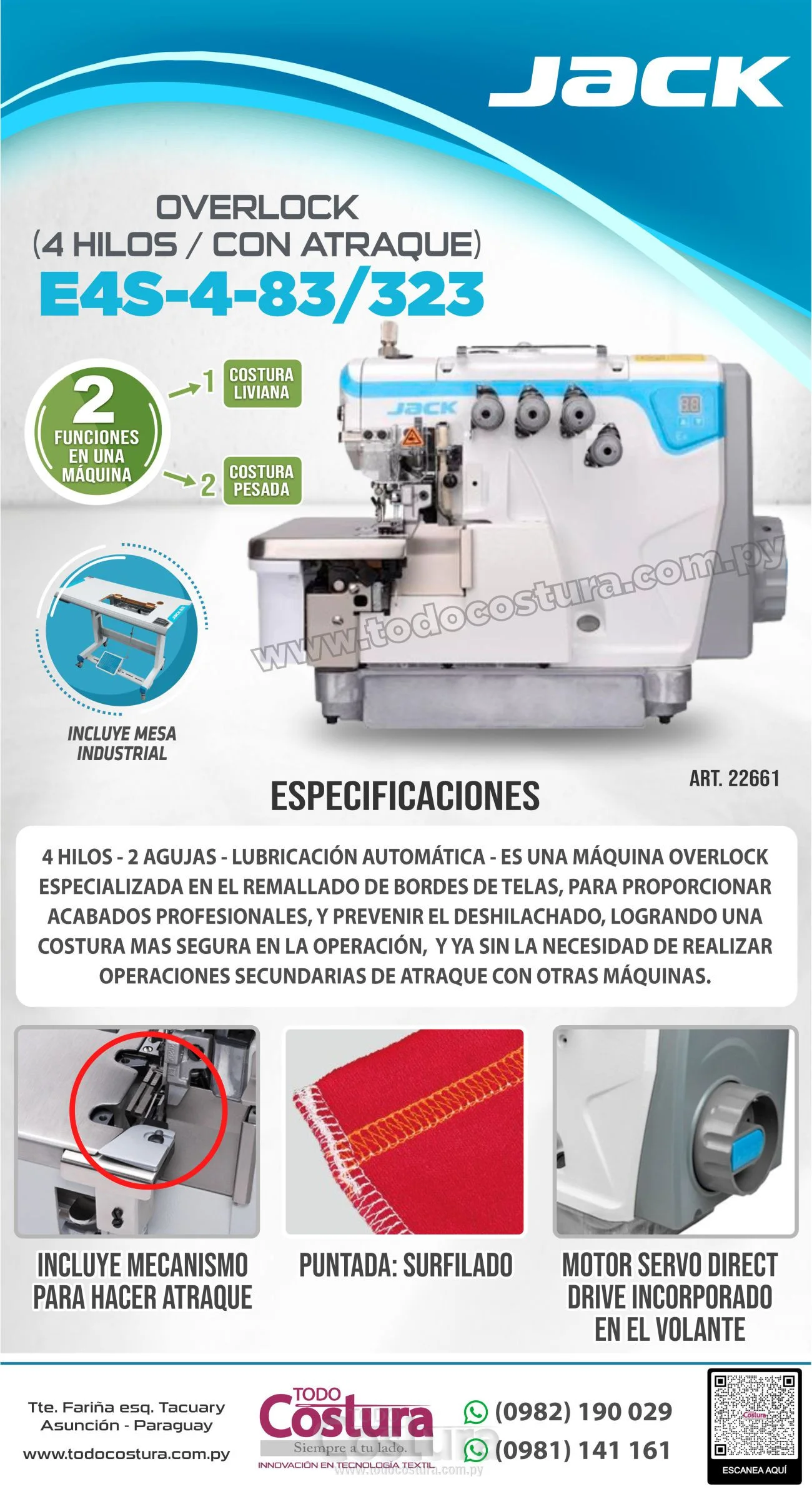 OVERLOCK (4 HILOS - CON ATRAQUE - SERIE S) JACK E4S-4-83/323 (MOTOR INCORPORADO)