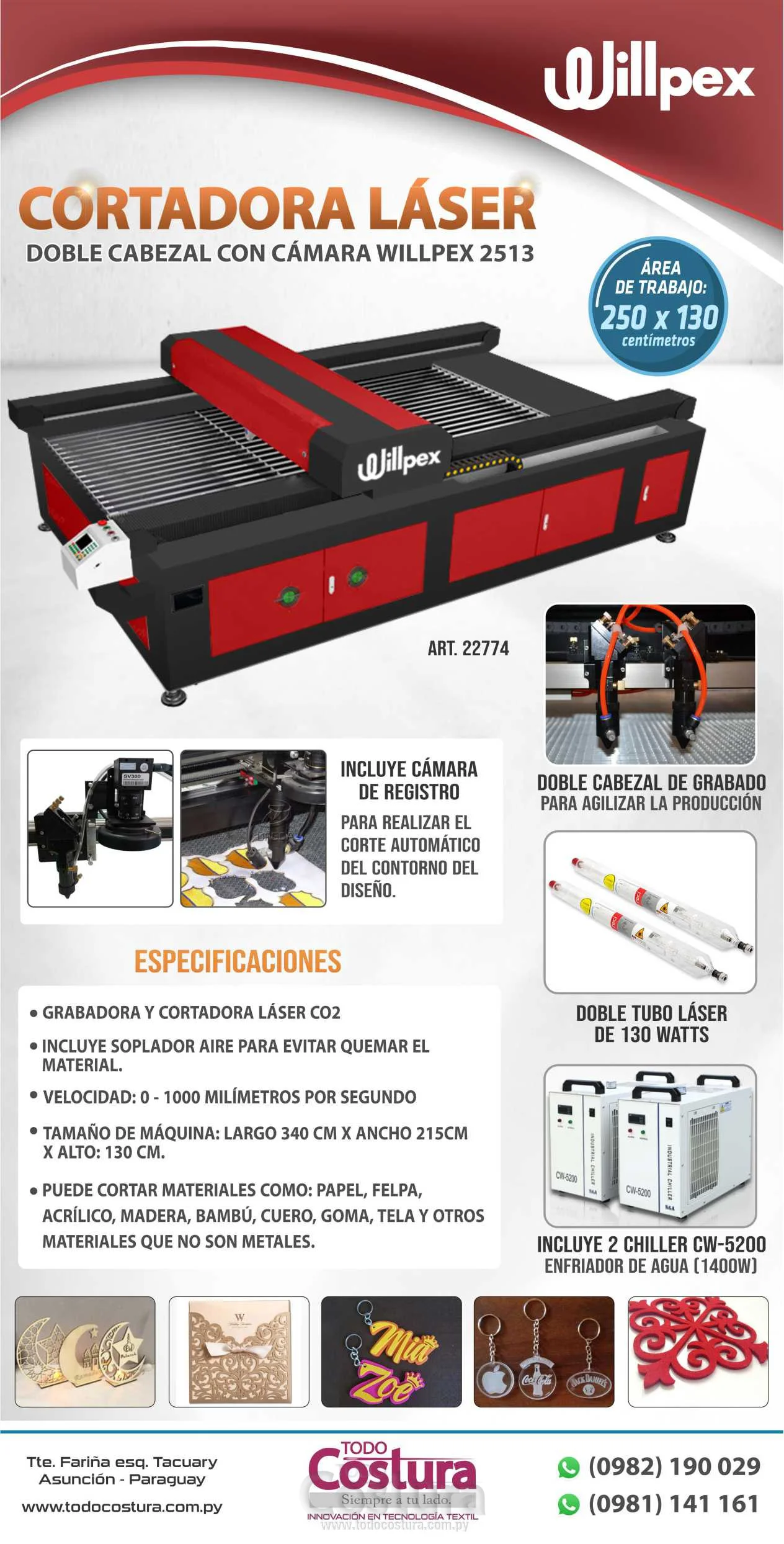 GRABADORA LASER (250X130CM - 130W - DOBLE CABEZAL CON CAMARA) WILLPEX 2513