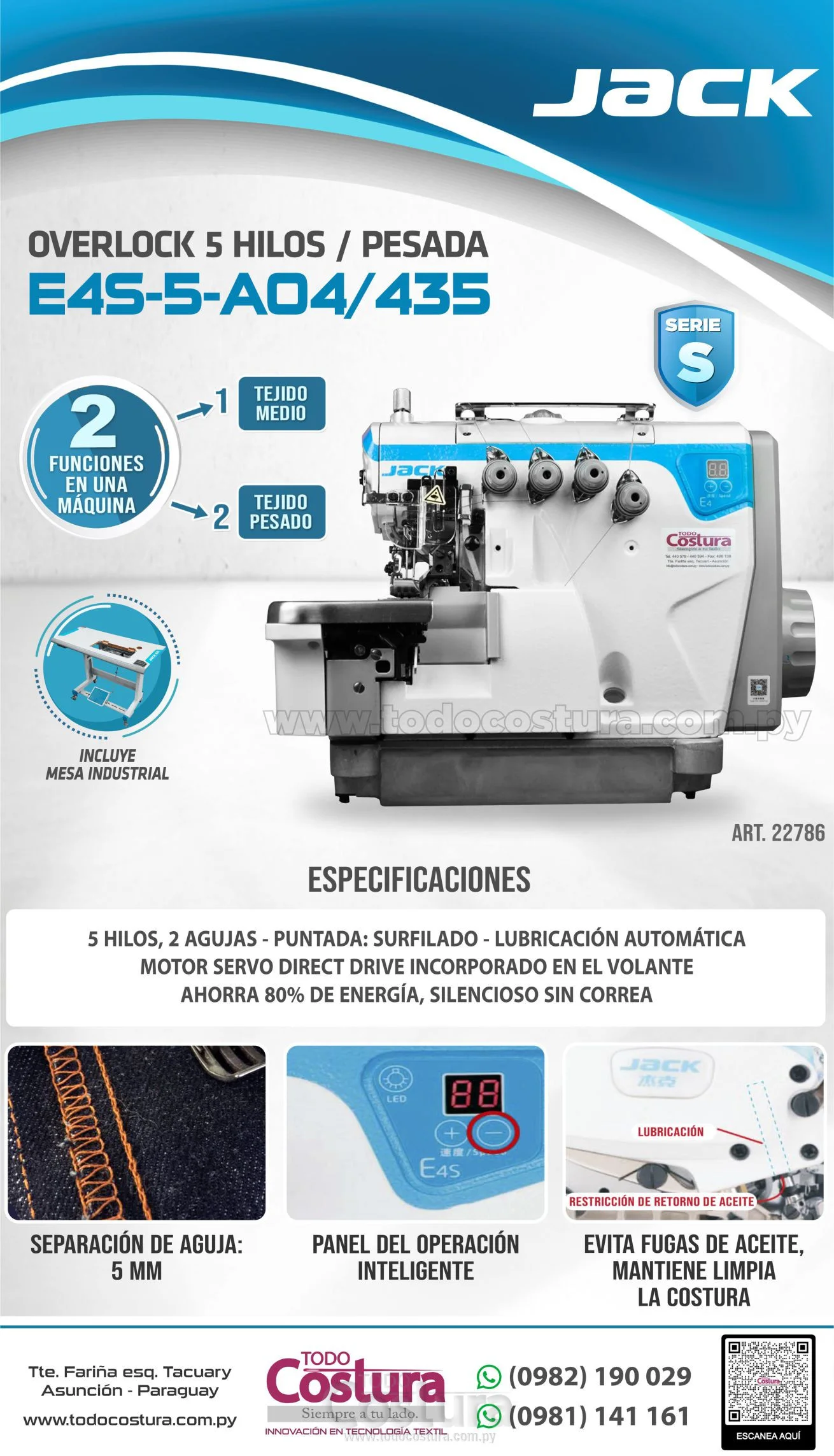 OVERLOCK (5 HILOS - PESADA - SERIE S) JACK E4S-5-A04/435 (MOTOR INCORPORADO)