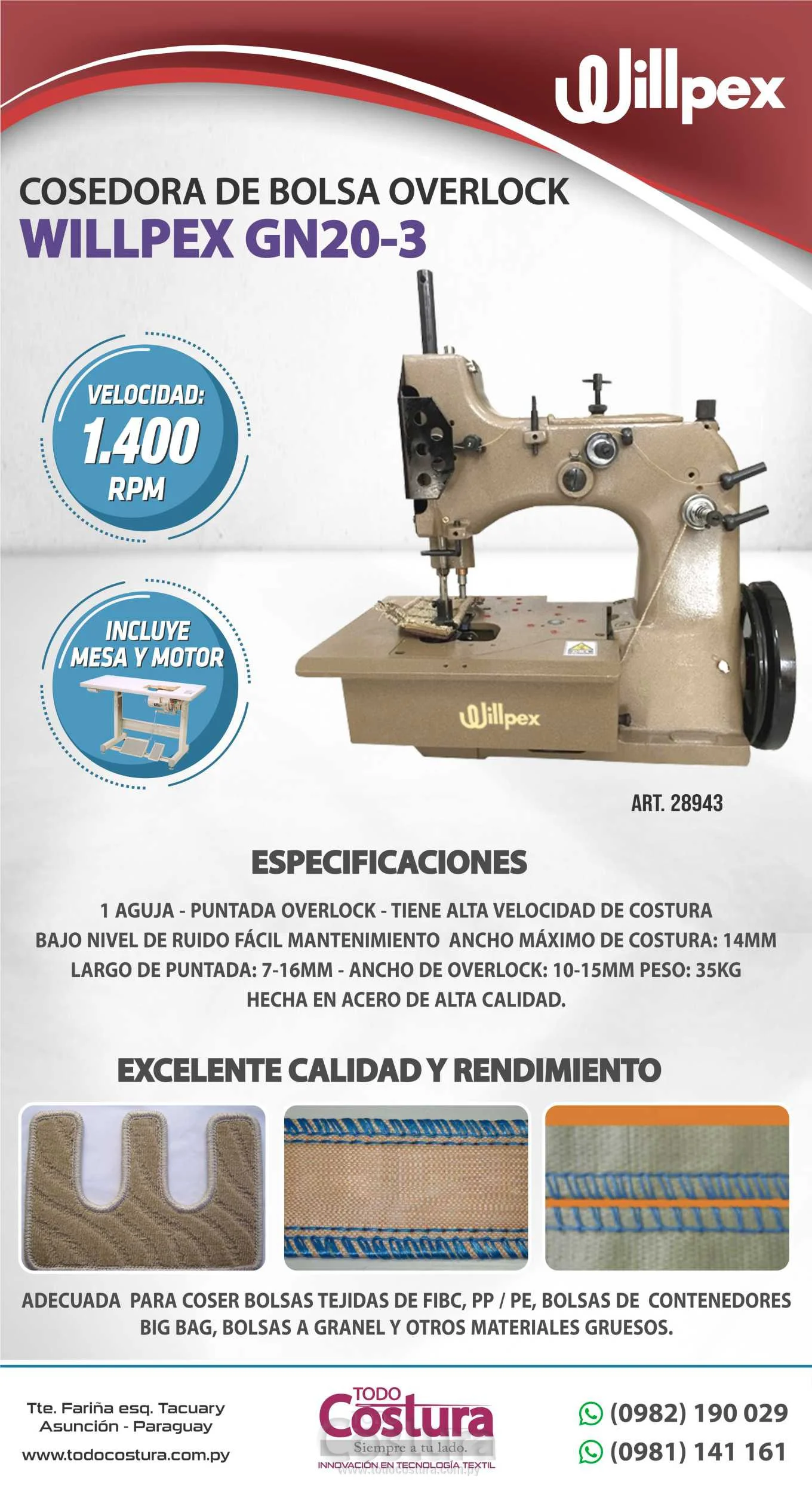 COSEDORA DE BOLSA OVERLOCK PLANA (1 AGUJA) WILLPEX GN20-3