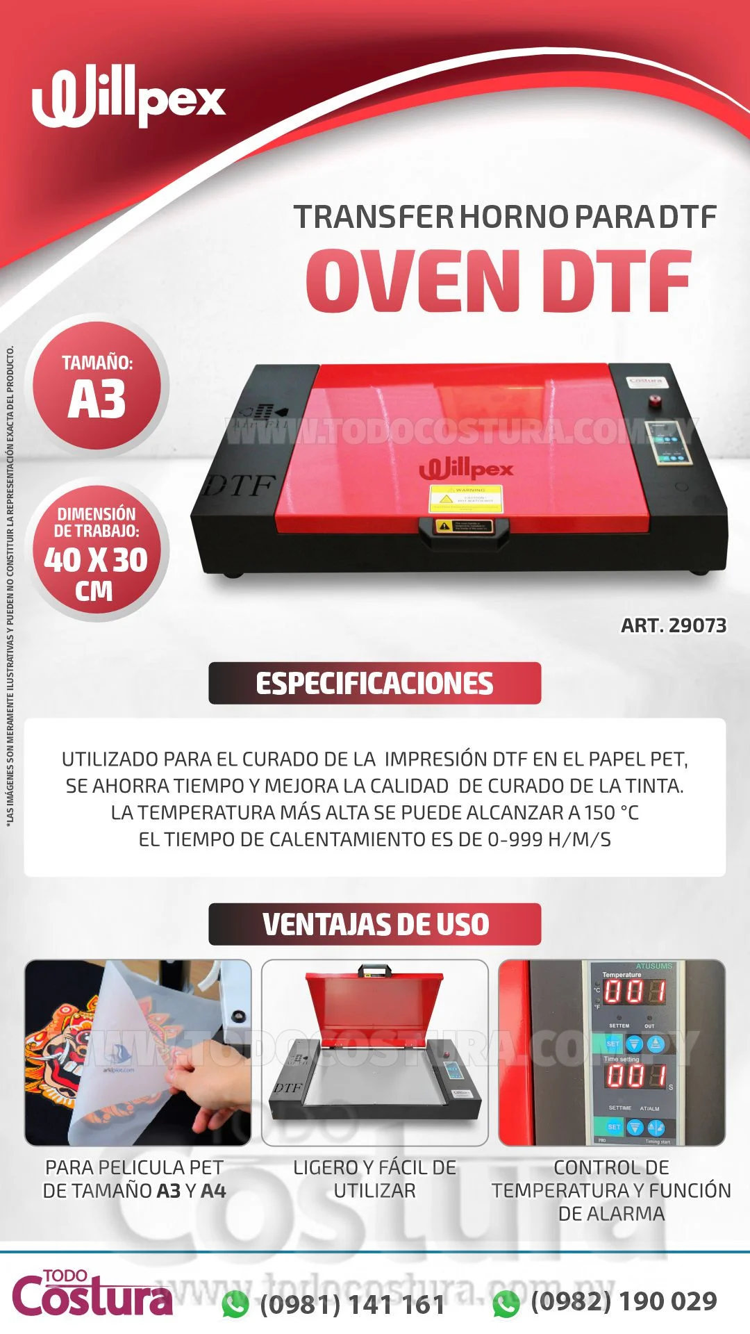 TRANSFER HORNO PARA DTF (A3 - 40 X 30 CM) WILLPEX A3 OVEN DTF