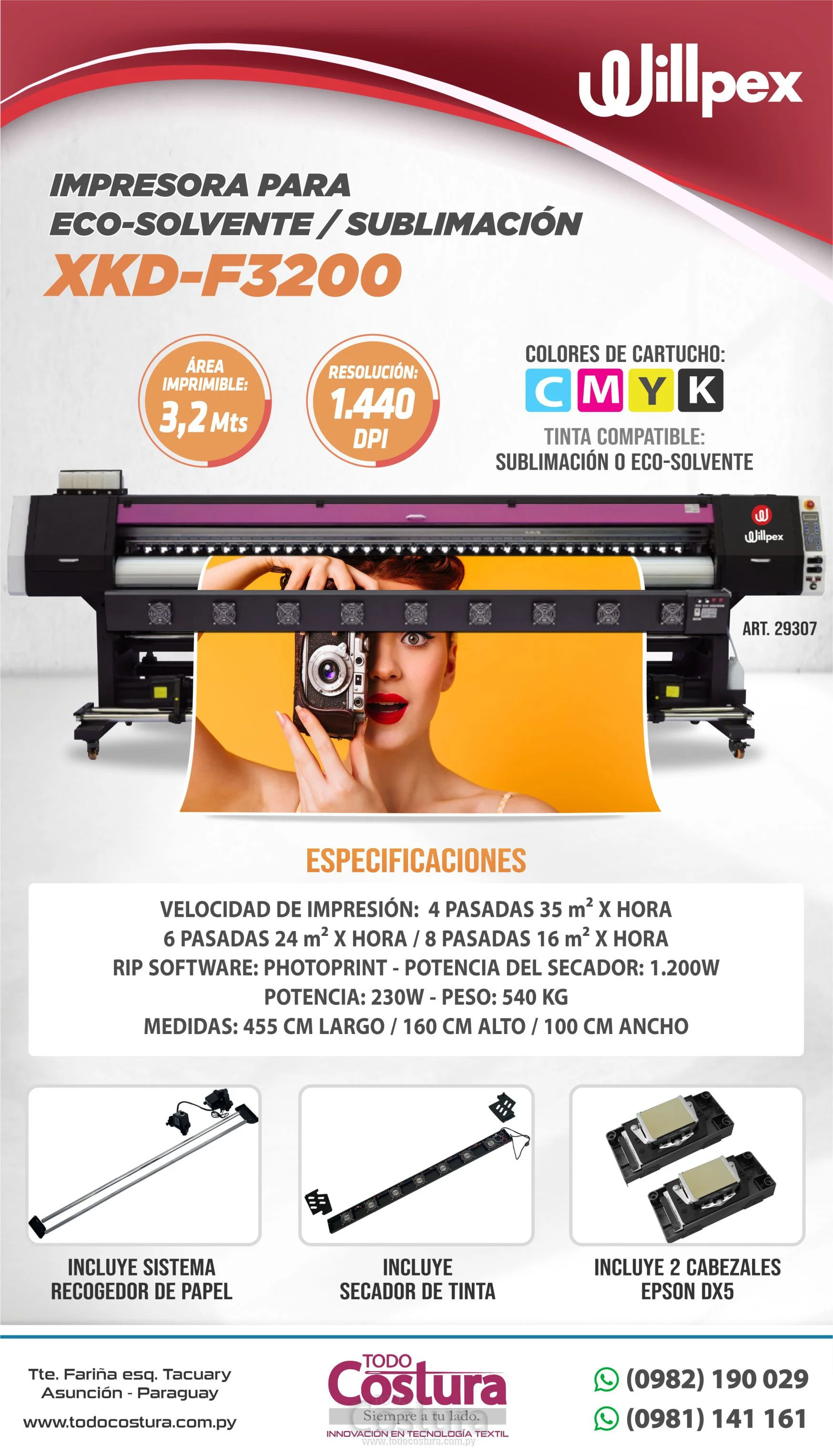 IMPRESORA PARA ECO-SOLVENTE / SUBLIMACION (2 CABEZALES - 3,20 METROS) WILLPEX XKD-F3200 / Q3202-DX5