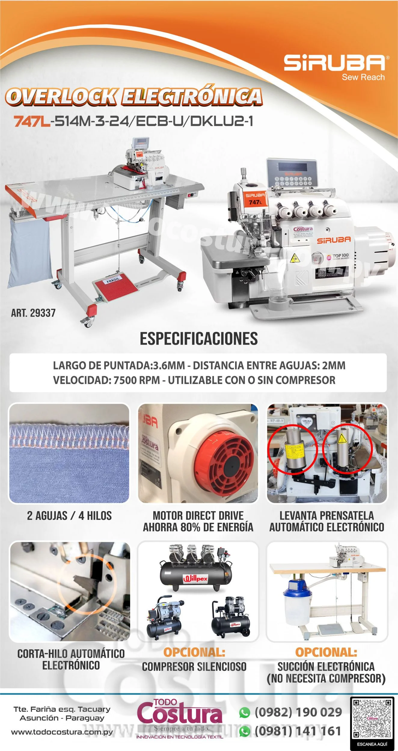 OVERLOCK (ELECTRONICA - CON GUILLOTINA) SIRUBA 747L-514M-3-24/ECB-U (MOTOR INCORPORADO)
