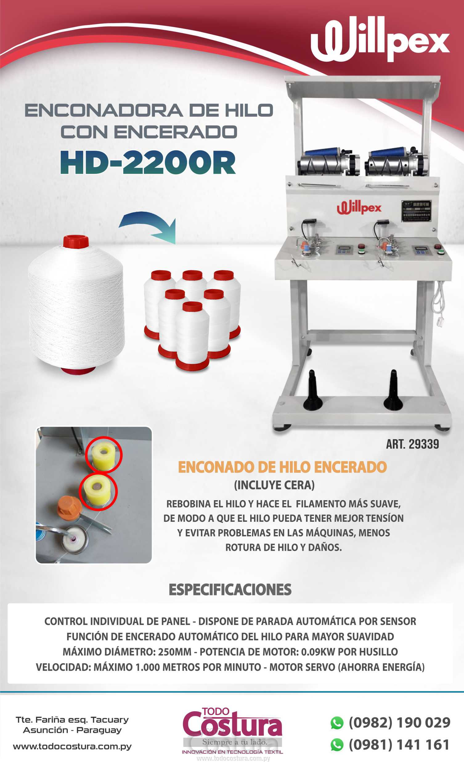 ENCONADORA DE HILO CON ENCERADO (2 HILOS) WILLPEX HD-2200R