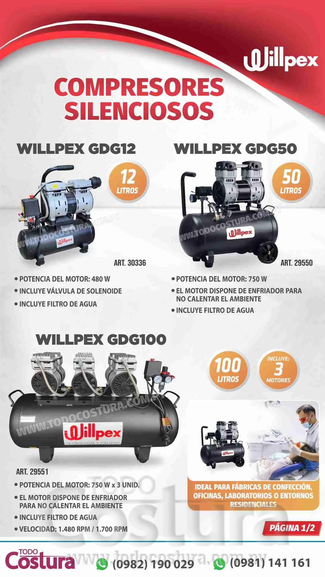 COMPRESOR SILENCIOSO (100 LITROS - 3 CABEZALES 750W) WILLLPEX GDG100