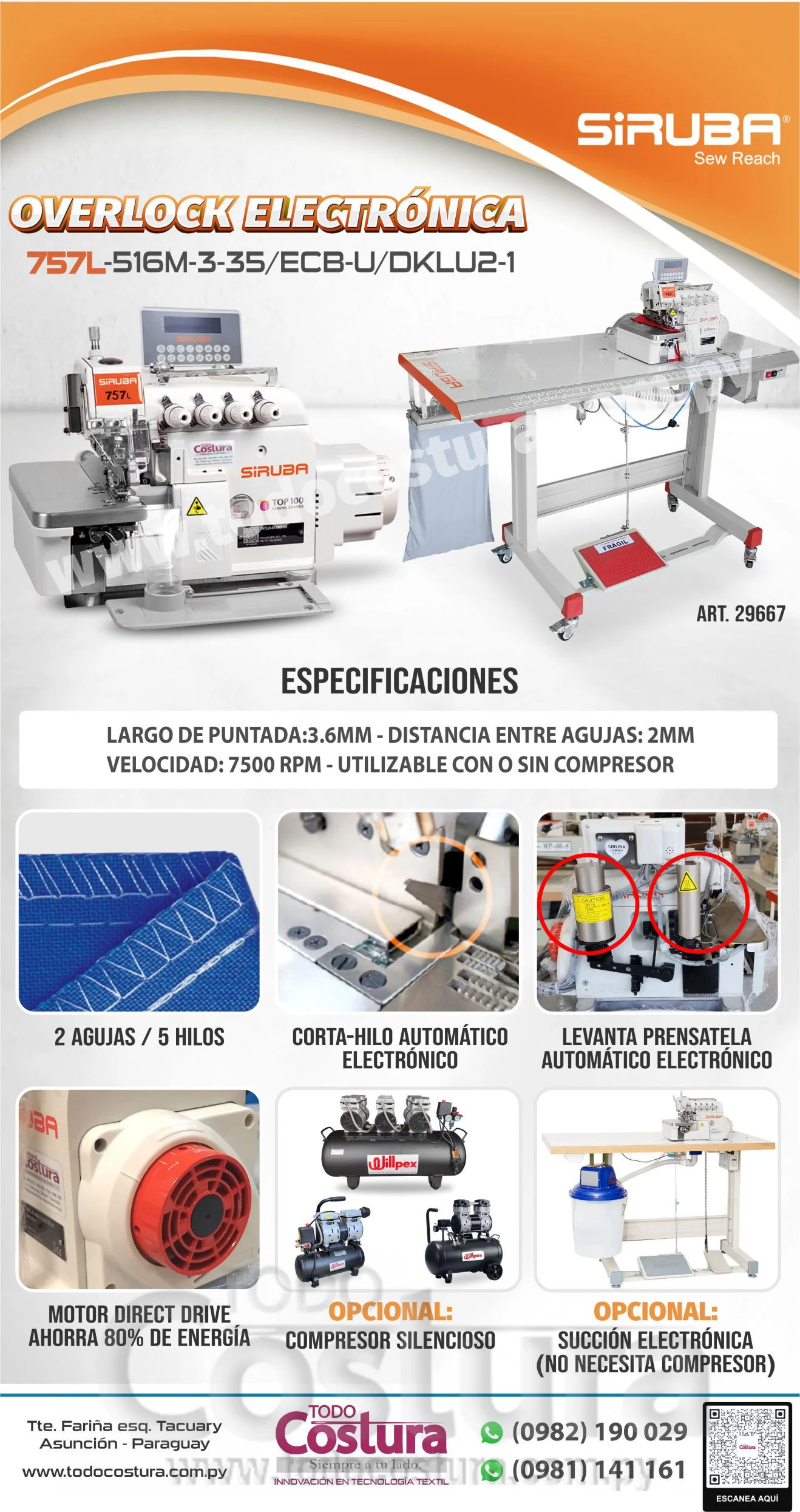 OVERLOCK (ELECTRONICA - CON GUILLOTINA) SIRUBA 757L-516M-3-35/ECB-U (MOTOR INCORPORADO)