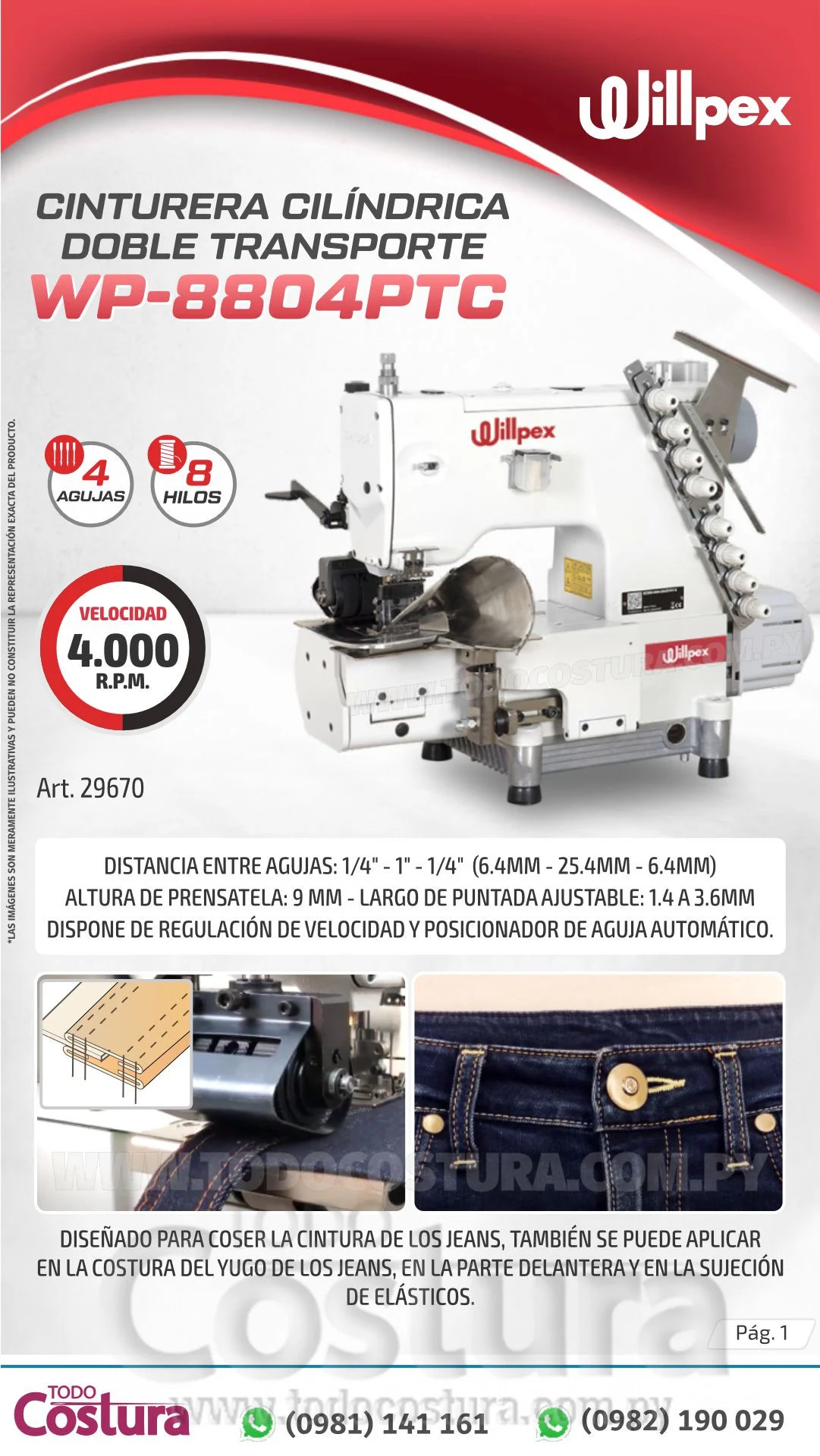 CINTURERA (CILINDRICA - DOBLE TRANSPORTE) WILLPEX WP-8804PTC (MOTOR INCORPORADO)