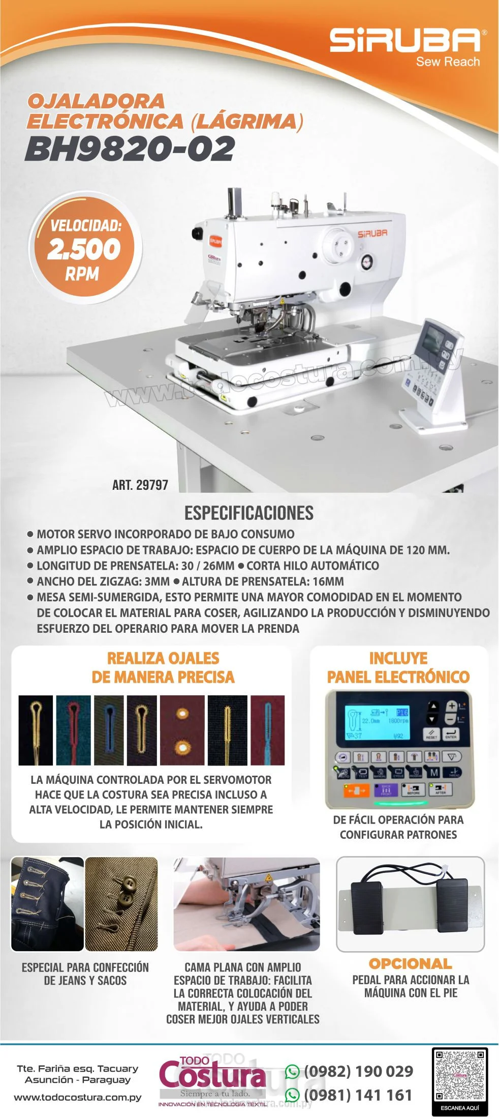 OJALADORA ELECTRONICA (LAGRIMA) SIRUBA BH9820-02 (CON MESA Y MOTOR DIRECT DRIVE)
