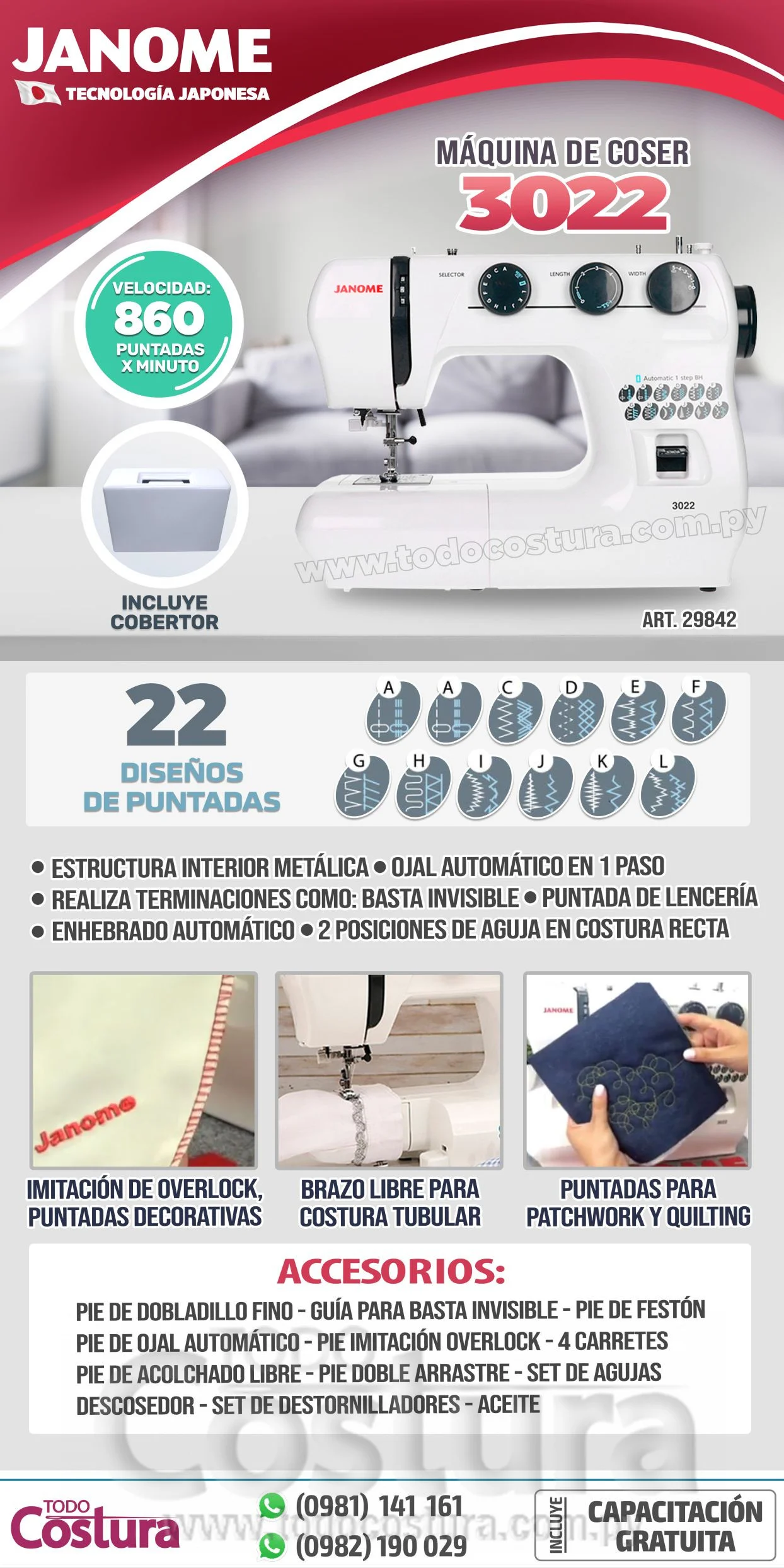 MAQUINA DE COSER FAMILIAR JANOME 3022
