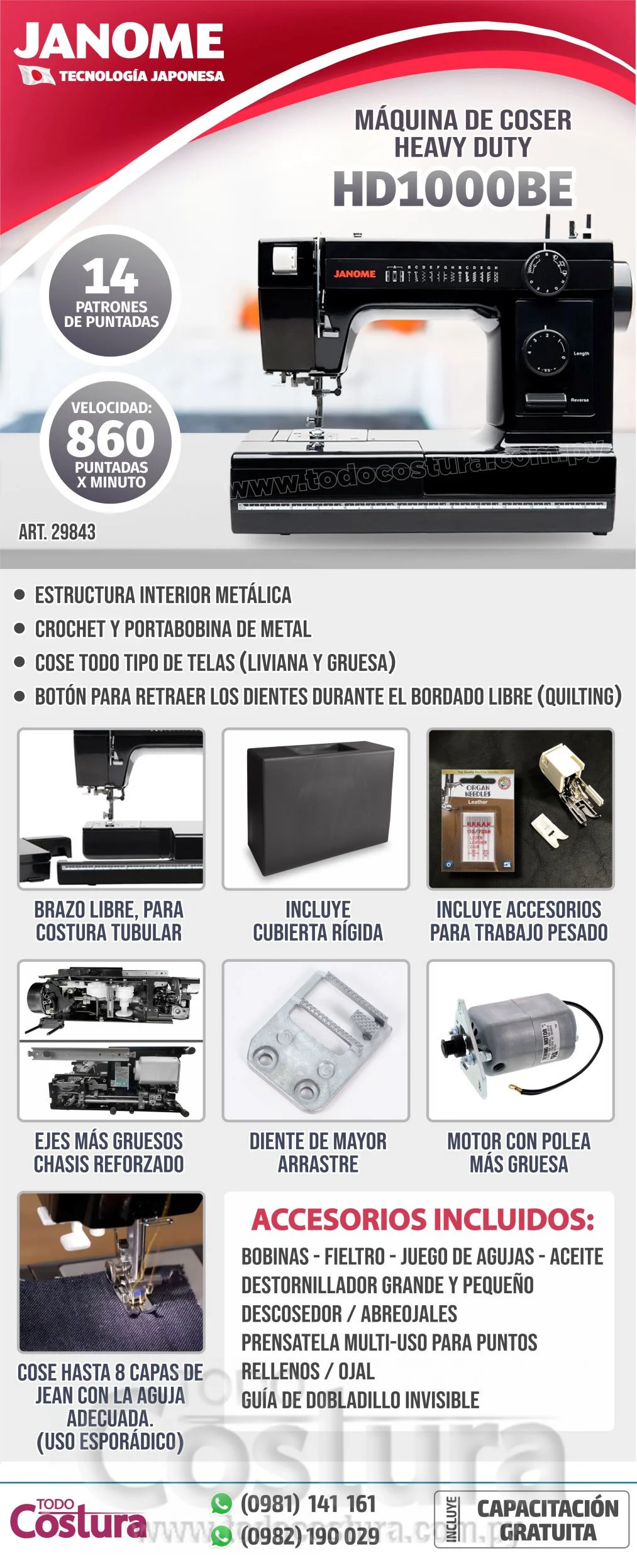 MAQUINA DE COSER FAMILIAR HEAVY DUTY JANOME HD1000BE