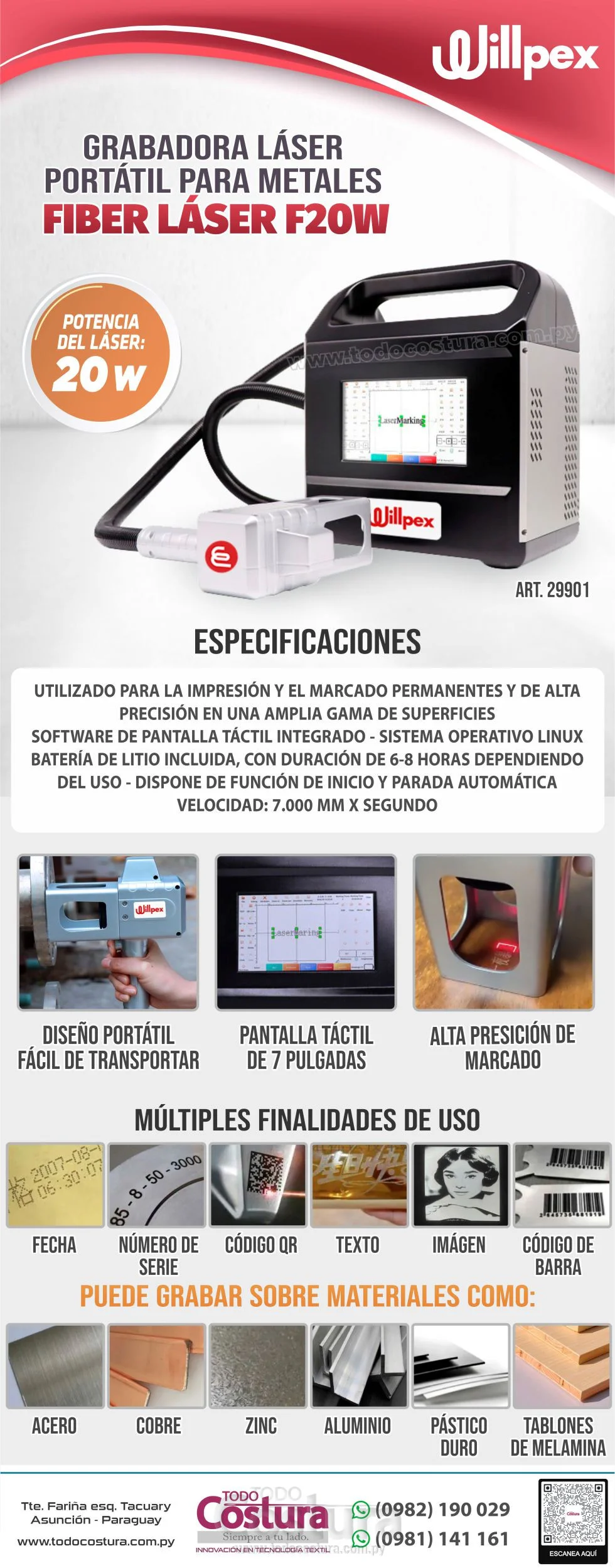 GRABADORA LASER PORTATIL PARA METALES 20W WILLPEX FIBER LASER F20W