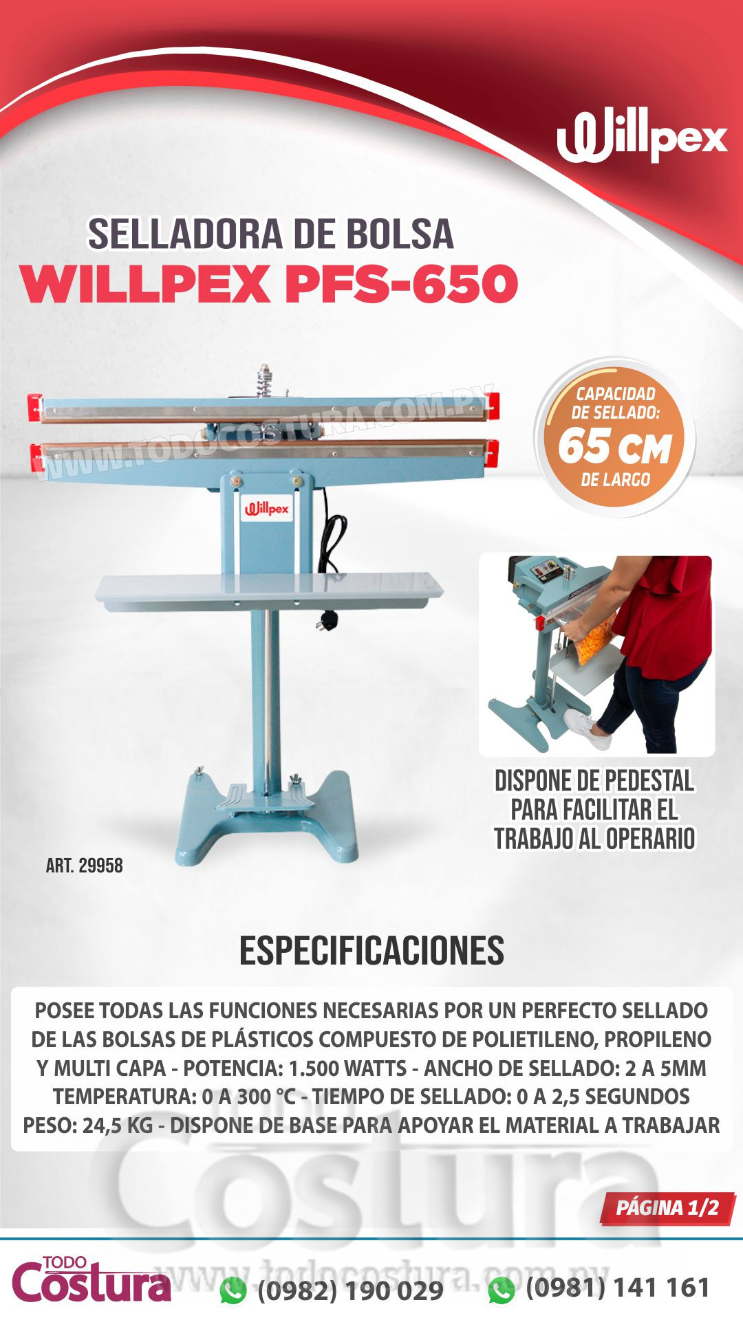 SELLADORA DE BOLSA (DOBLE RESISTENCIA ; 65 CM) (CON PEDESTAL) WILLPEX PFS-650