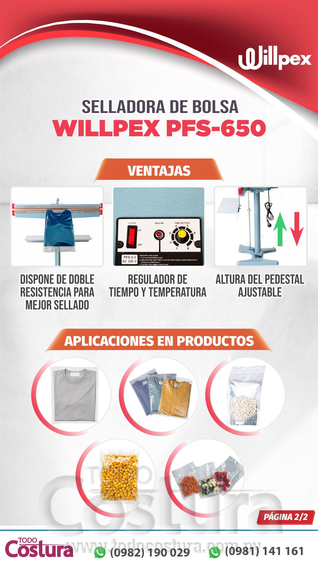SELLADORA DE BOLSA (DOBLE RESISTENCIA ; 65 CM) (CON PEDESTAL) WILLPEX PFS-650
