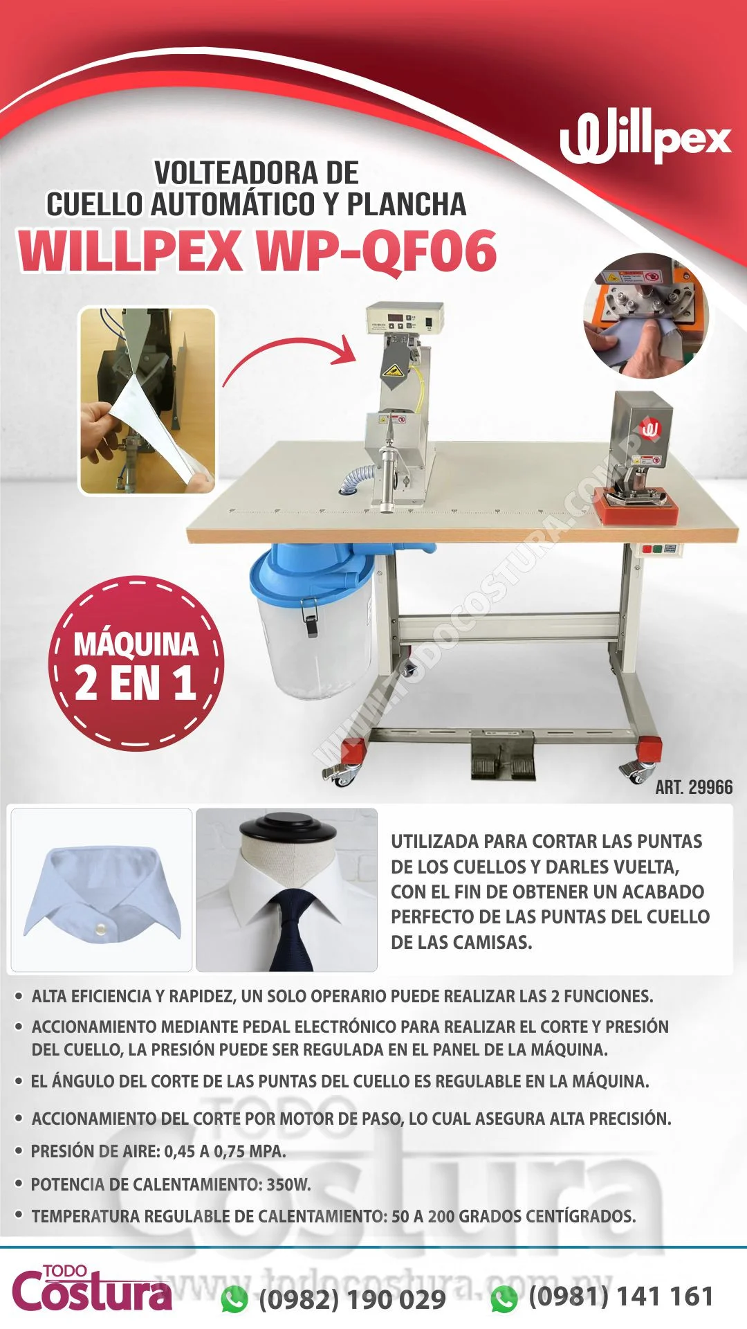 MAQUINA (2 EN 1)  VOLTEADORA DE CUELLO AUTOMATICO Y PLANCHA WILLPEX WP-QF06