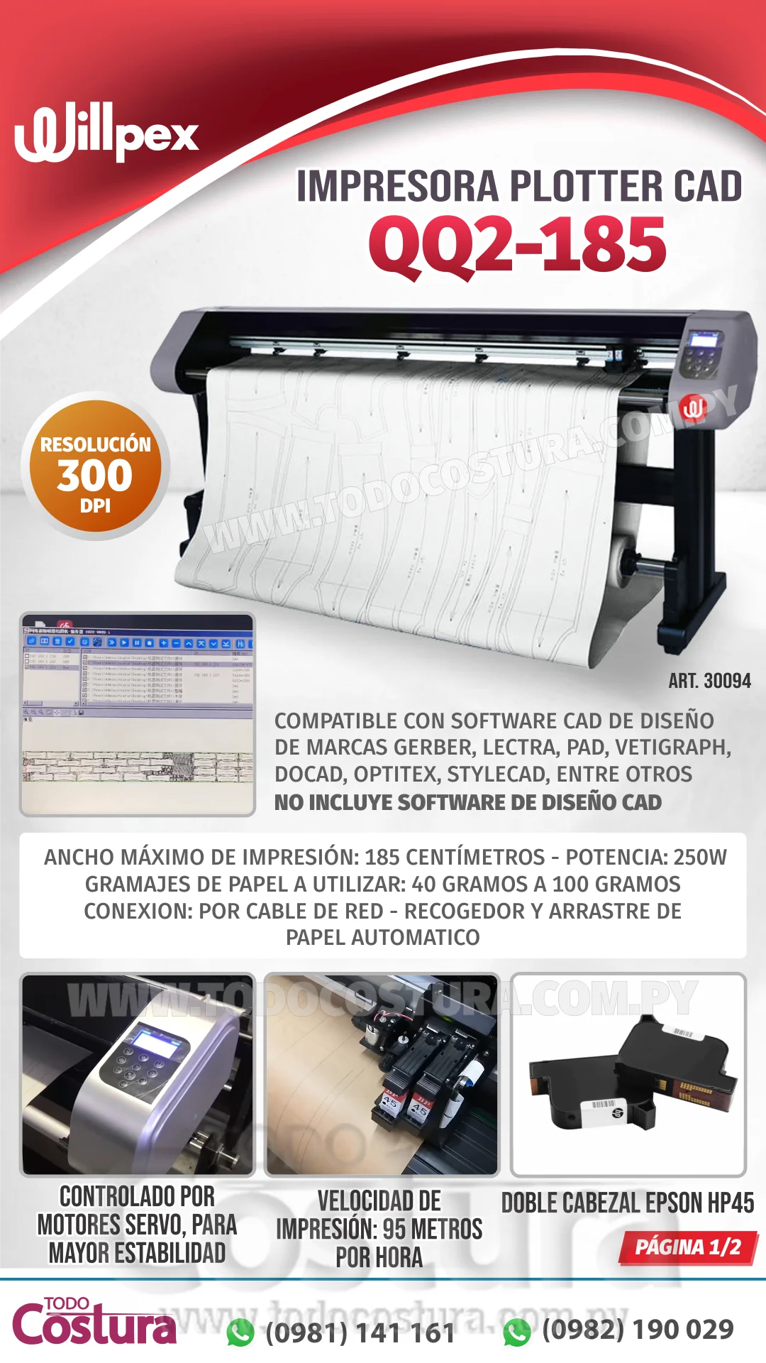 IMPRESORA PLOTTER CAD (185 CM - 2 CABEZALES) WILLPEX QQ2-185