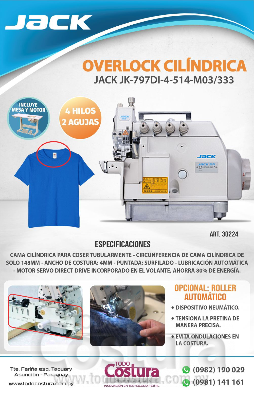 OVERLOCK (4 HILOS - CILINDRICA) JACK JK-797DI-4-514-M03/333 (MOTOR INCORPORADO)