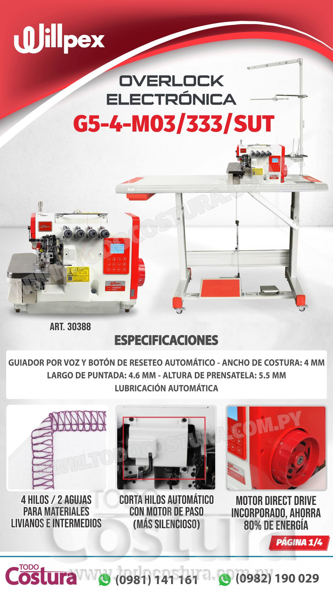 OVERLOCK (ELECTRONICA - 4 HILOS - LIVIANA) WILLPEX G5-4-M03/333/SUT (MOTOR INCORPORADO)