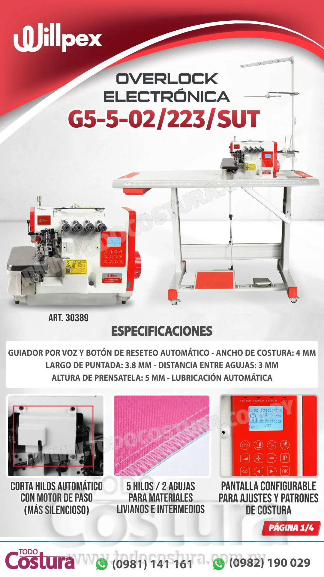 OVERLOCK (ELECTRONICA - 5 HILOS - LIVIANA) WILLPEX G5-5-02/223/SUT (MOTOR INCORPORADO)