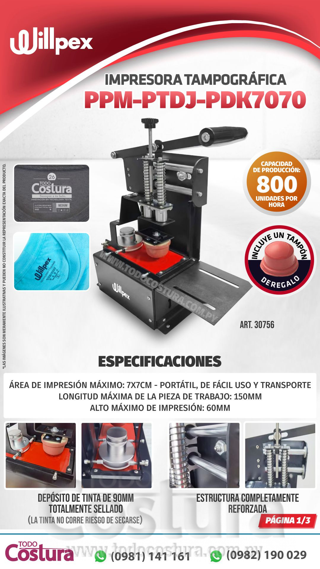 IMPRESORA TAMPOGRAFICA (MANUAL - 7X7 CM) WILLPEX PPM-PTDJ-PDK7070