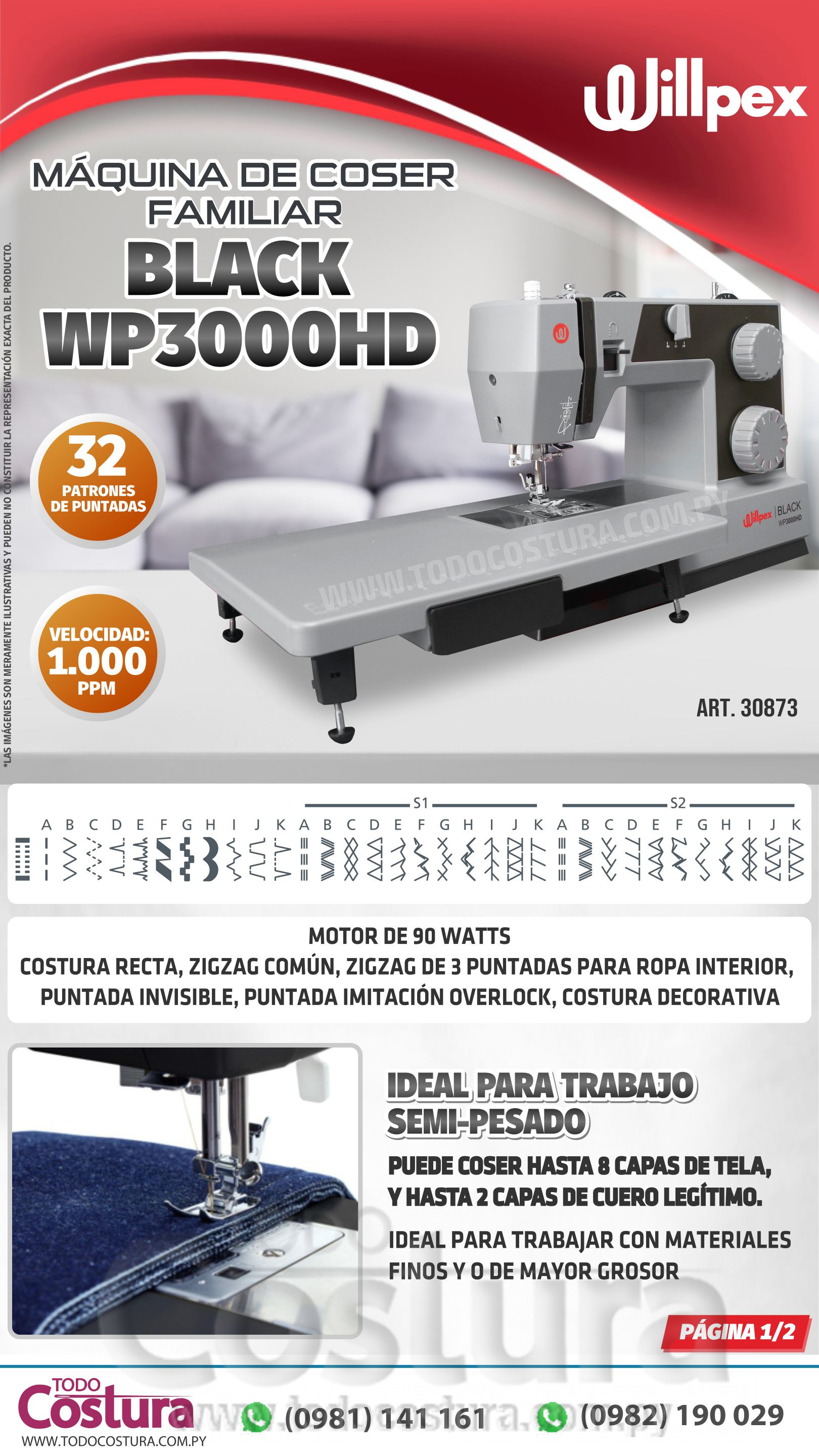 MAQ. DE COSER FAMILIAR WILLPEX BLACK WP3000HD