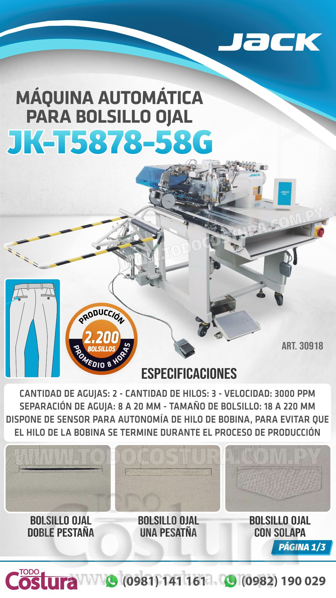 MAQ. AUTOMATICA PARA BOLSILLO OJAL JACK JK-T5878-68G (CON ESTANTE)